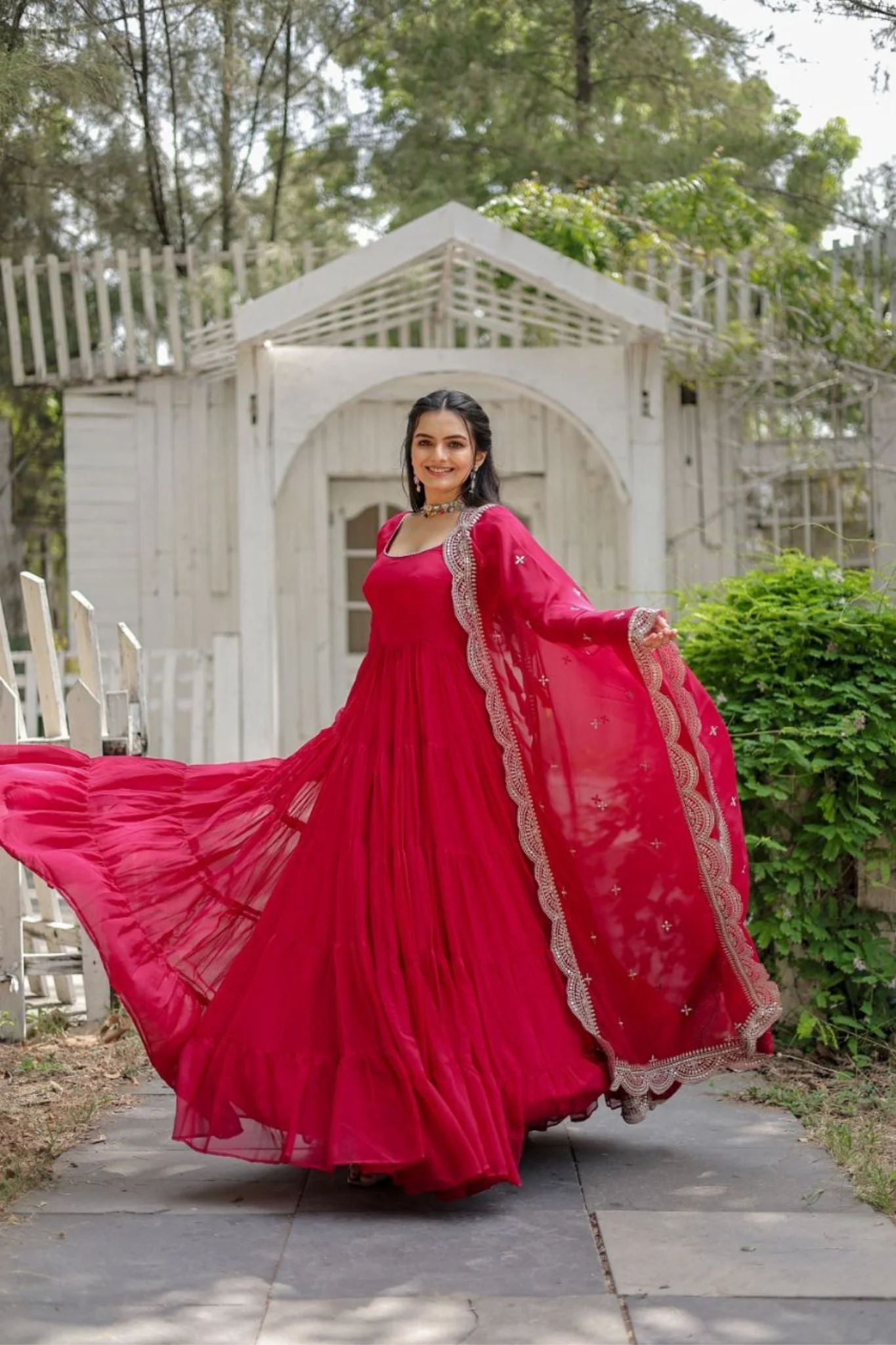 Stylish Women Tiered Gown With Dupatta Set - Image 4