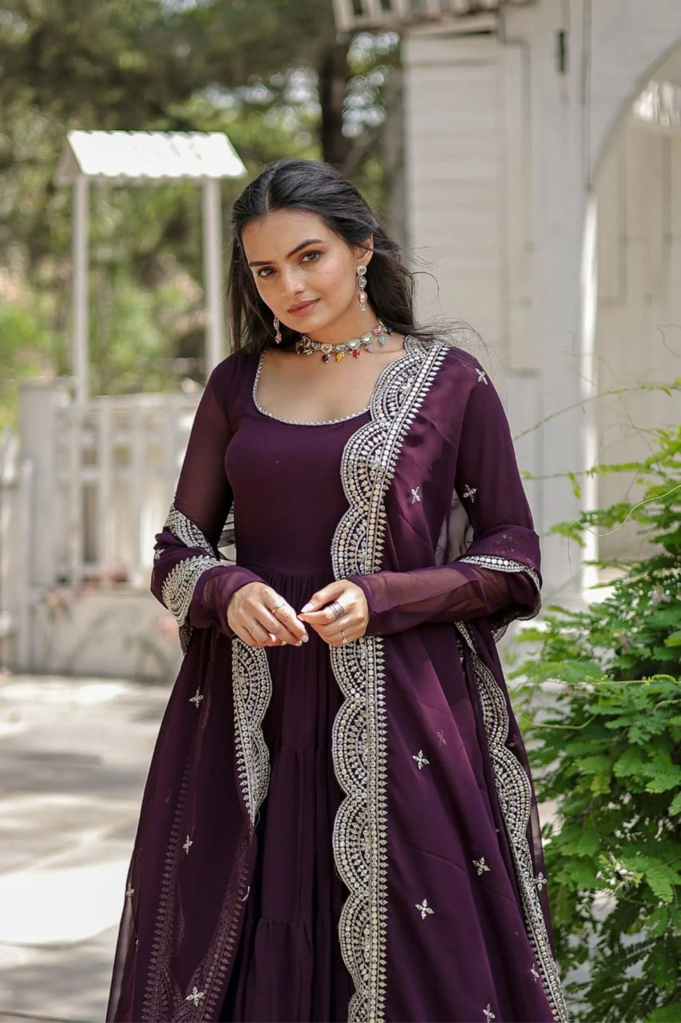 Stylish Women Tiered Gown With Dupatta Set - Image 9