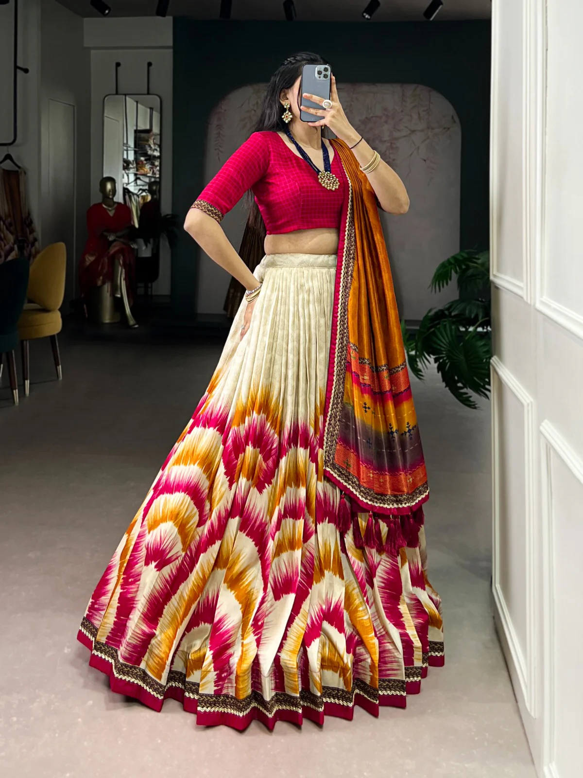 Tasar Silk Tie-Dye Lehenga Choli with Elegant Lace Accents Dupatta For Women - Image 6