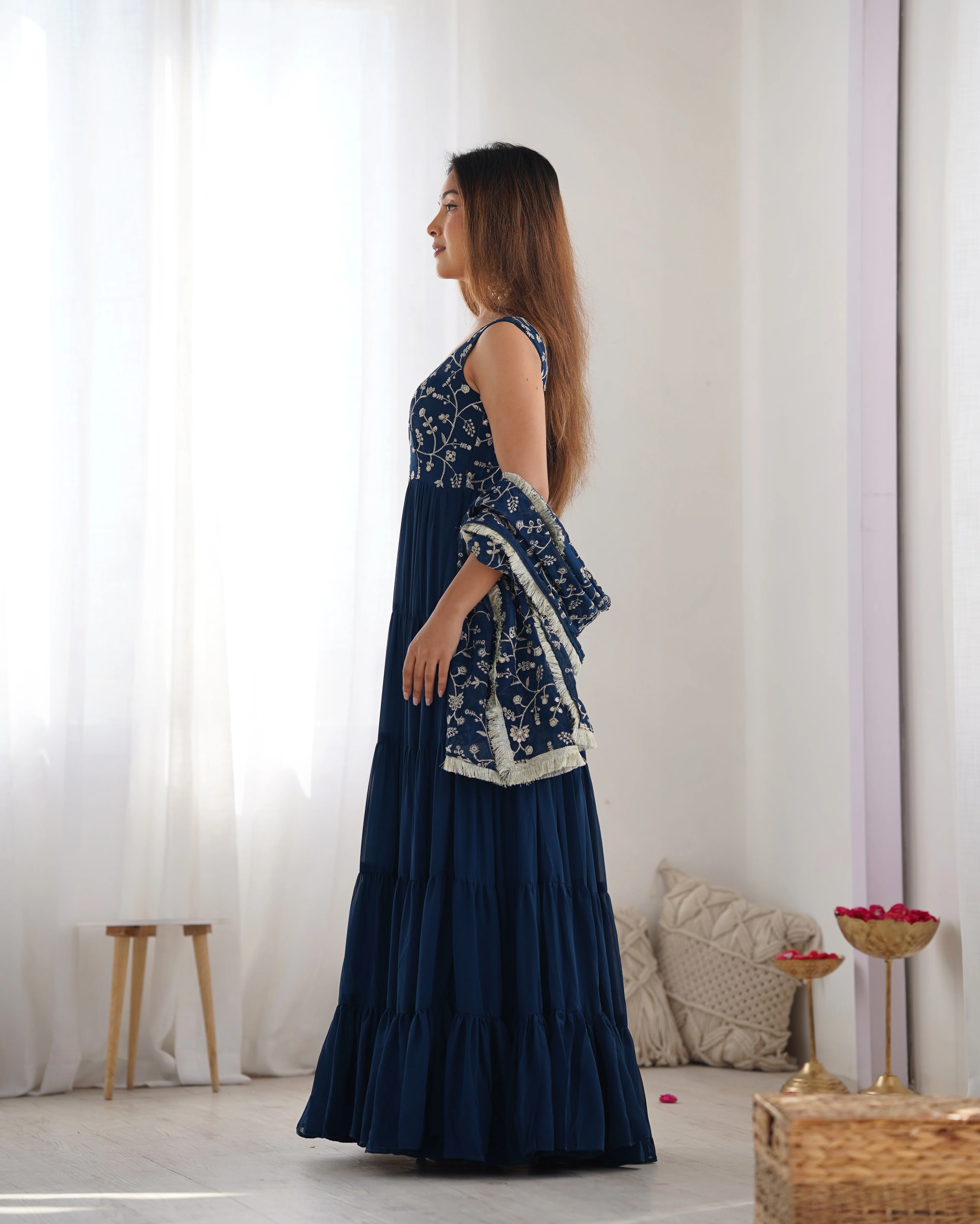 Teal Blue Color Pure Soft Foux Georgette Anarkali Suit With Huge Flair Comes With Duppatta & Pant - Image 10