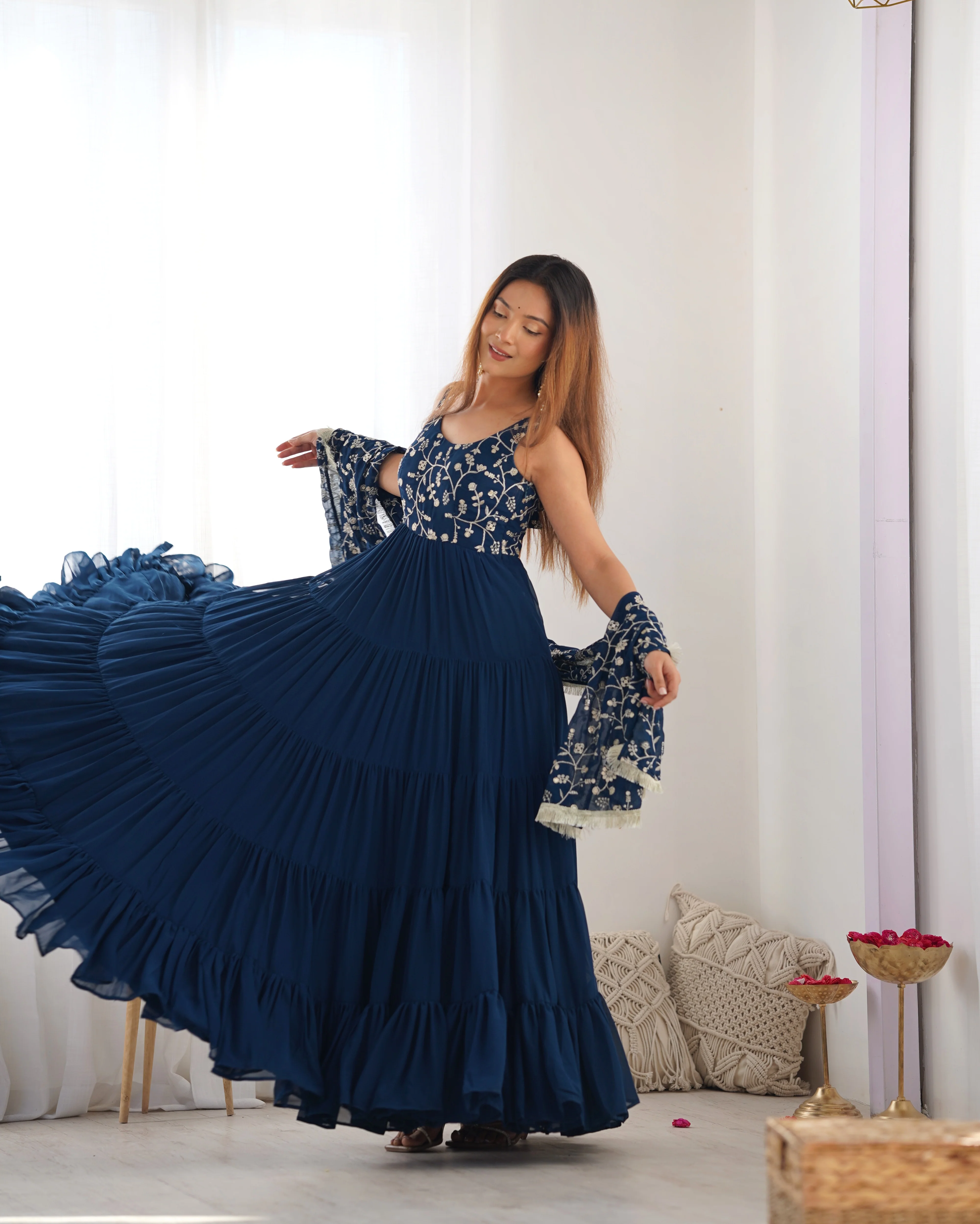 Teal Blue Color Pure Soft Foux Georgette Anarkali Suit With Huge Flair Comes With Duppatta & Pant - Image 11