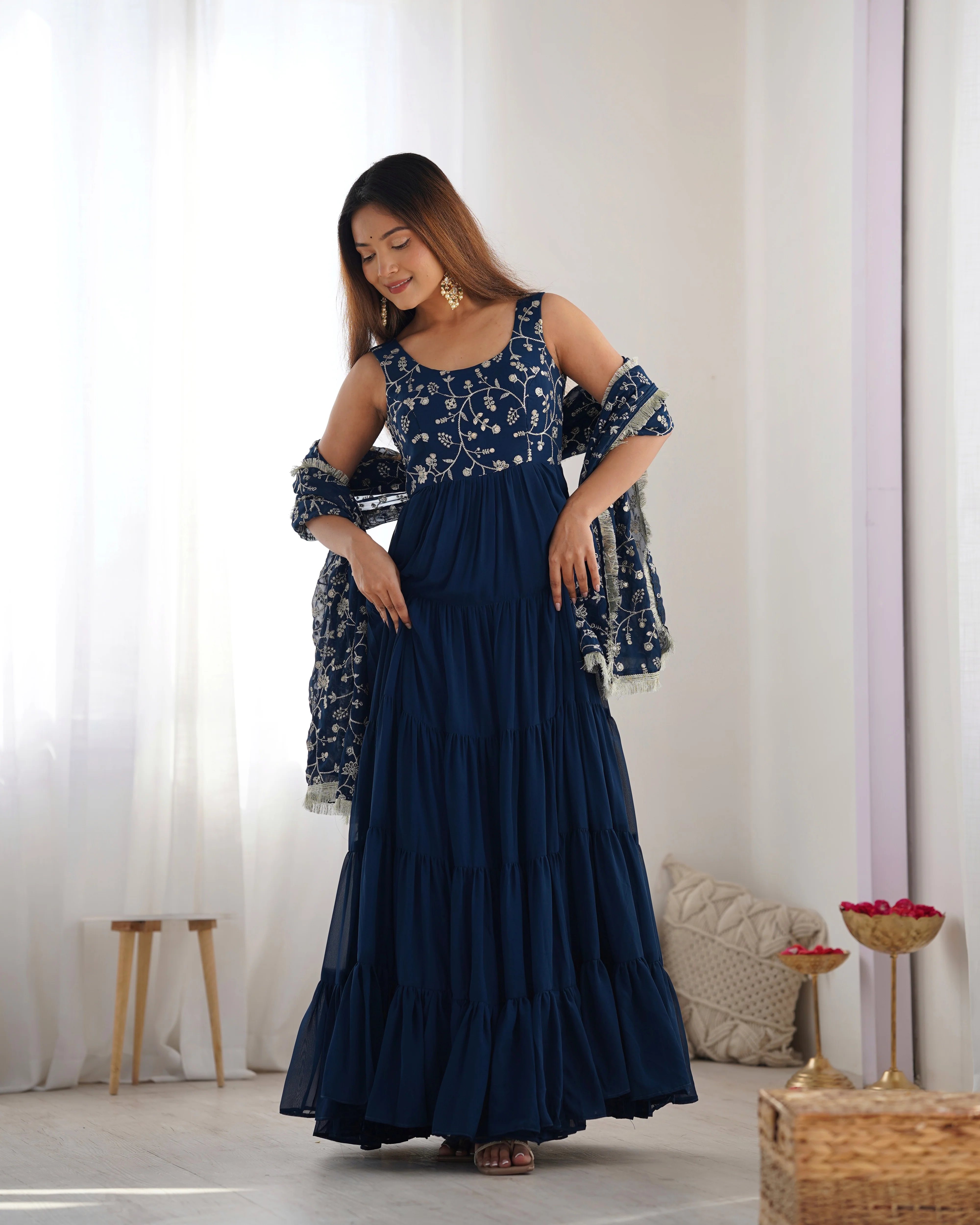Teal Blue Color Pure Soft Foux Georgette Anarkali Suit With Huge Flair Comes With Duppatta & Pant - Image 2