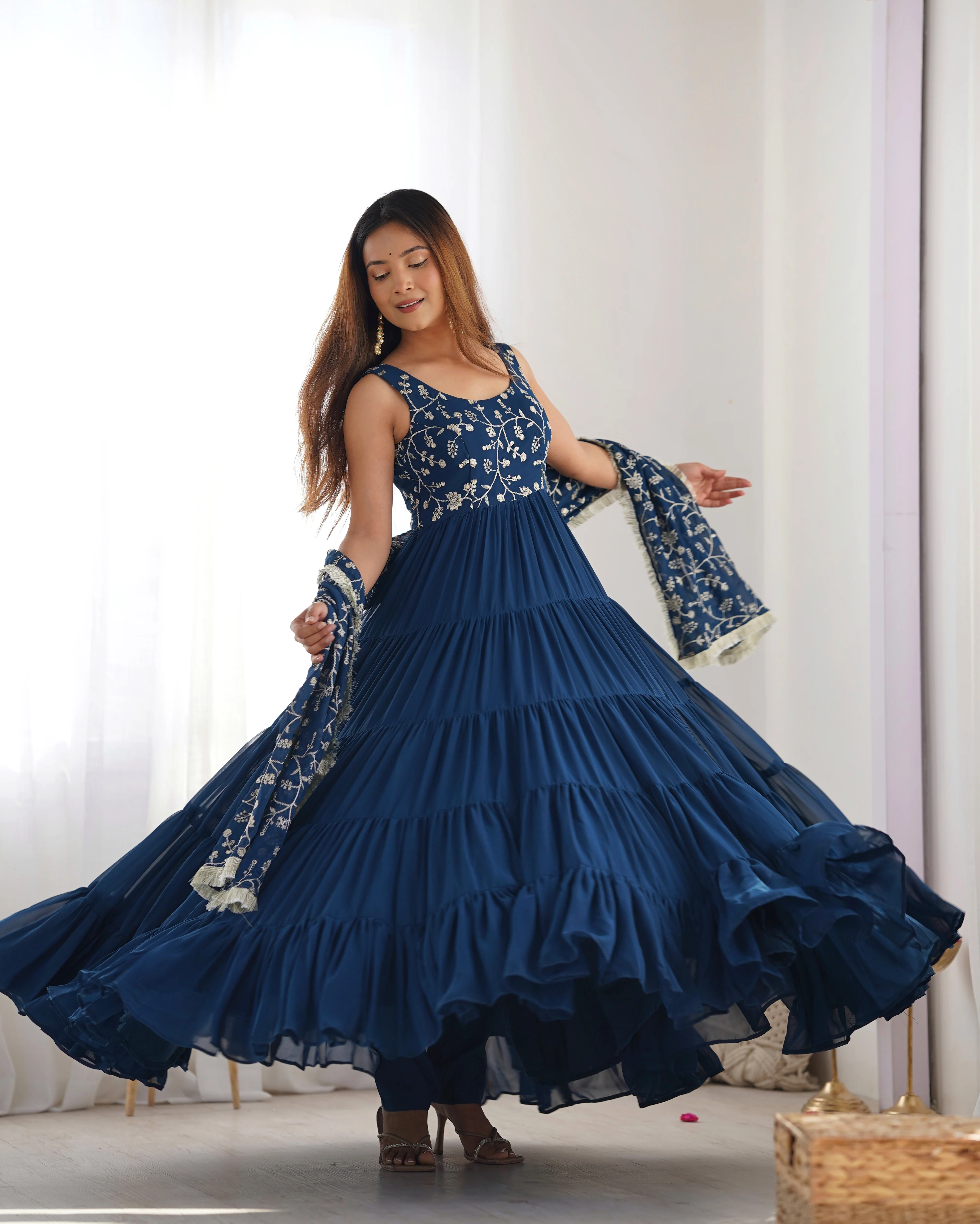 Teal Blue Color Pure Soft Foux Georgette Anarkali Suit With Huge Flair Comes With Duppatta & Pant - Image 3