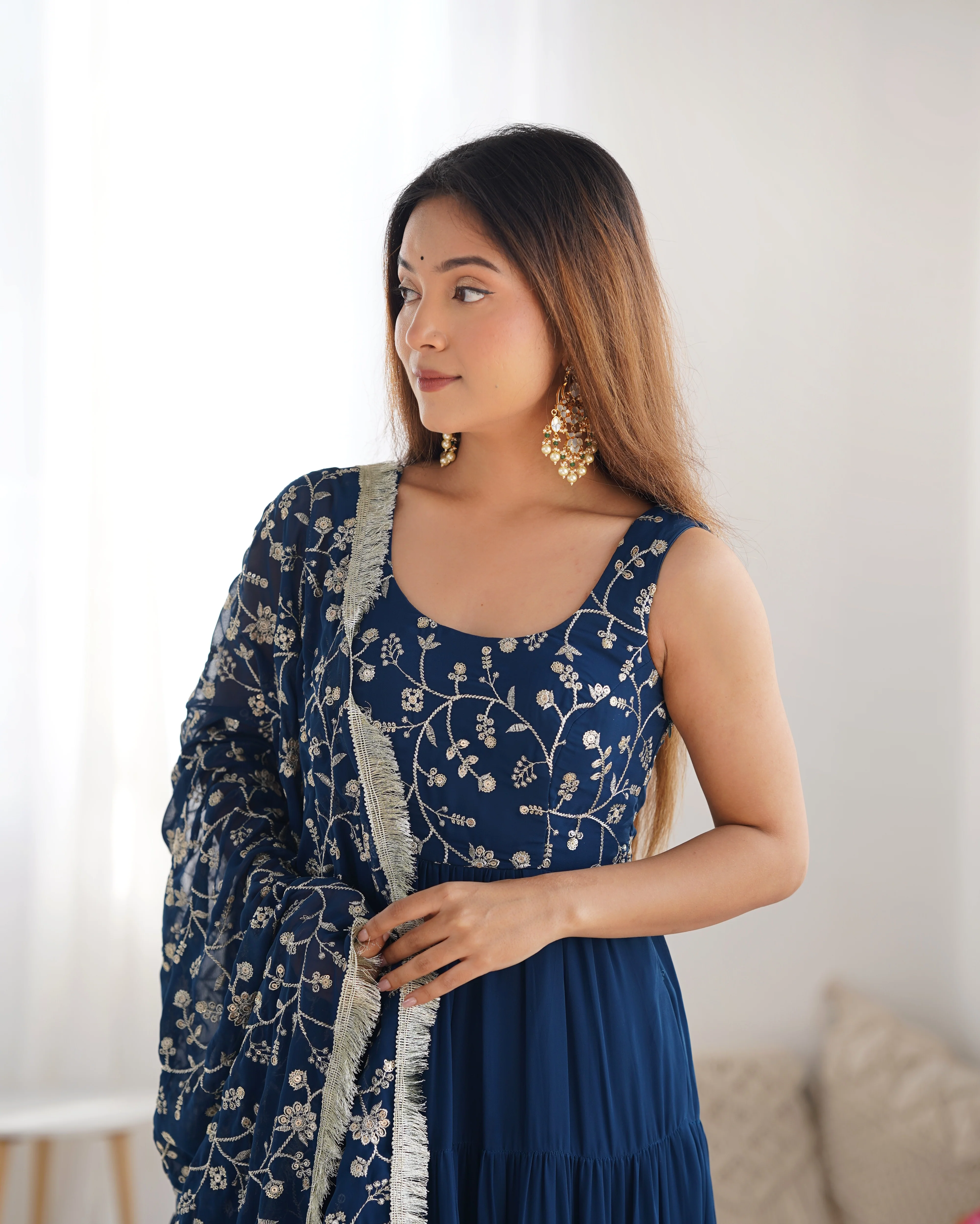 Teal Blue Color Pure Soft Foux Georgette Anarkali Suit With Huge Flair Comes With Duppatta & Pant - Image 6