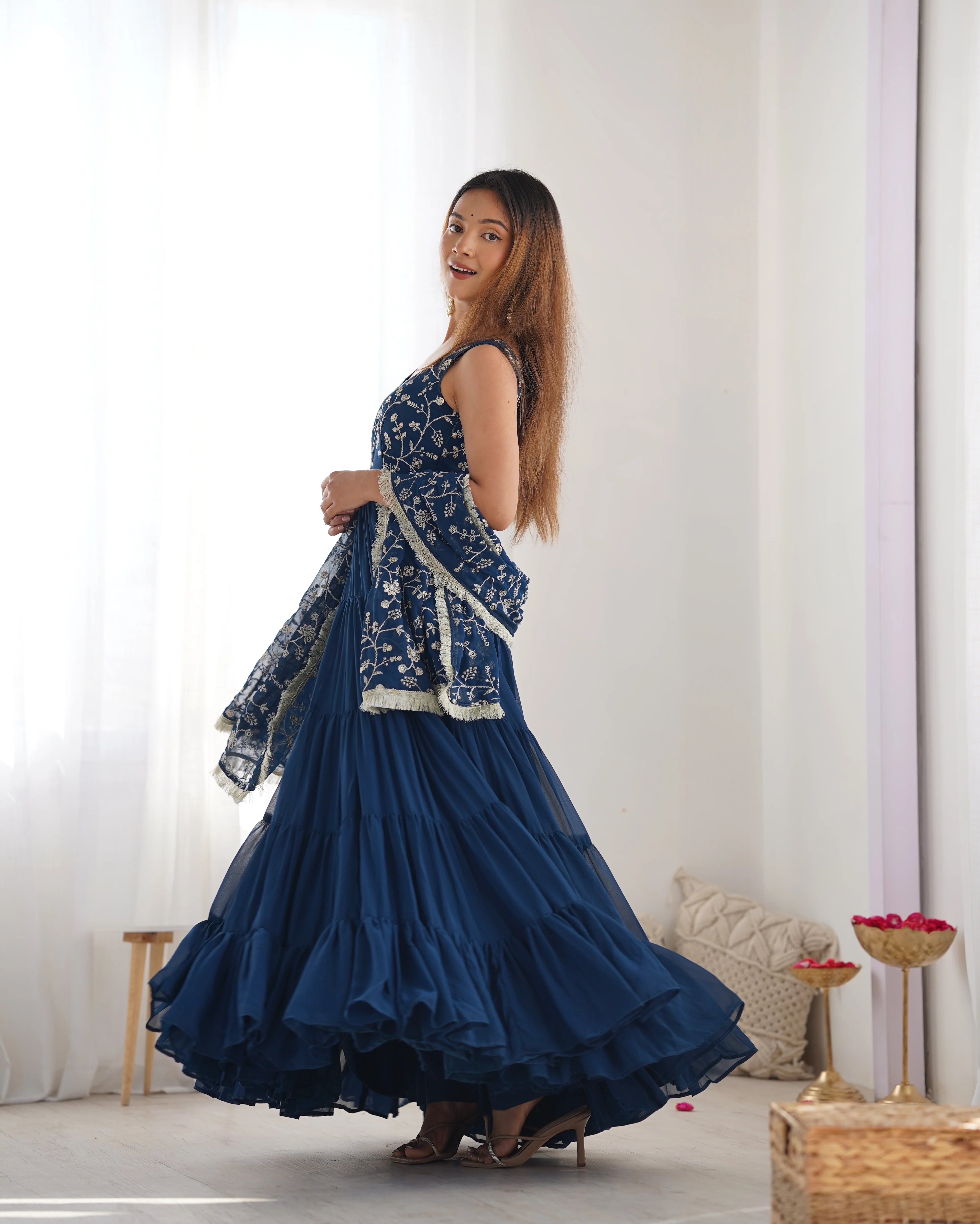 Teal Blue Color Pure Soft Foux Georgette Anarkali Suit With Huge Flair Comes With Duppatta & Pant - Image 7