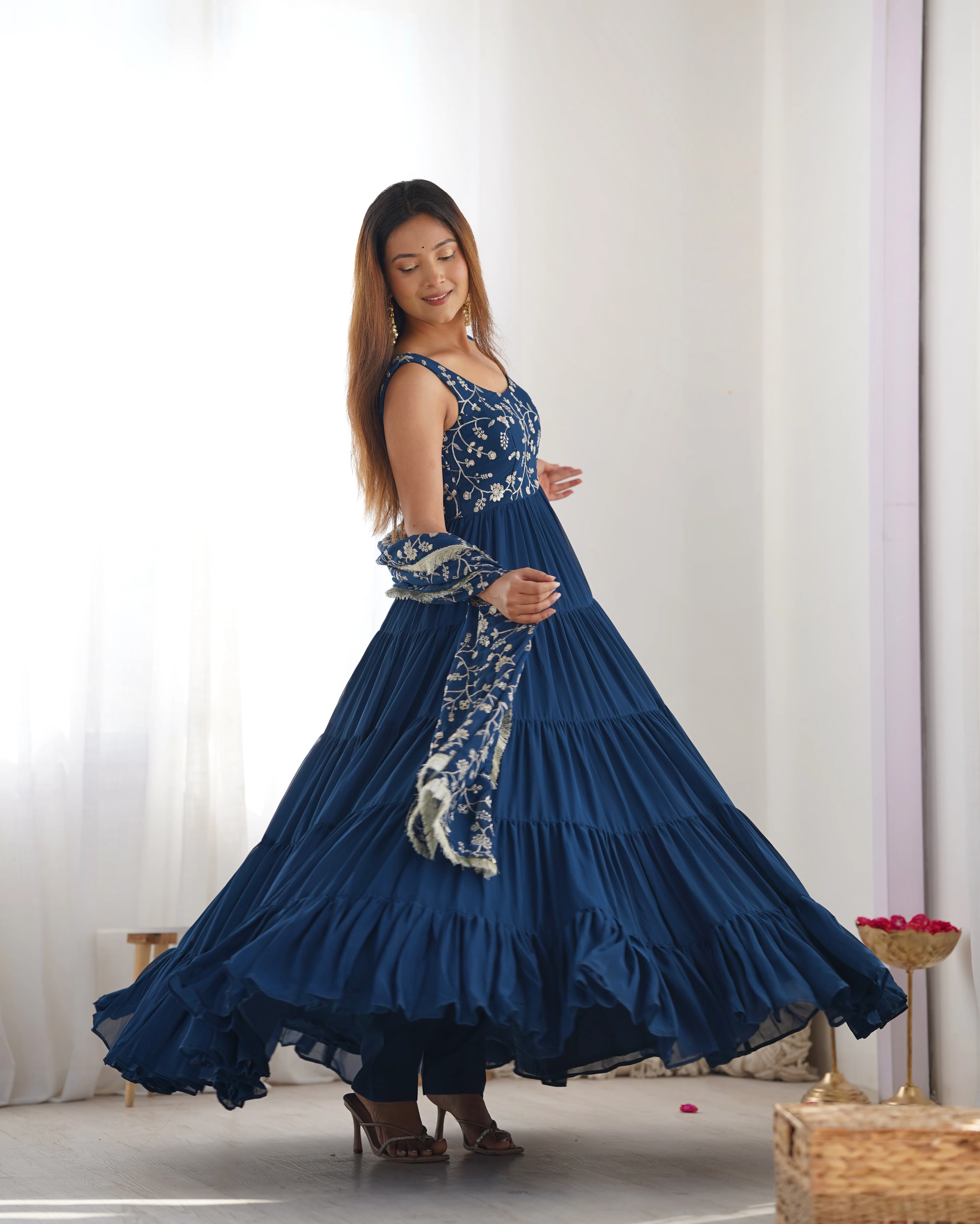 Teal Blue Color Pure Soft Foux Georgette Anarkali Suit With Huge Flair Comes With Duppatta & Pant - Image 8