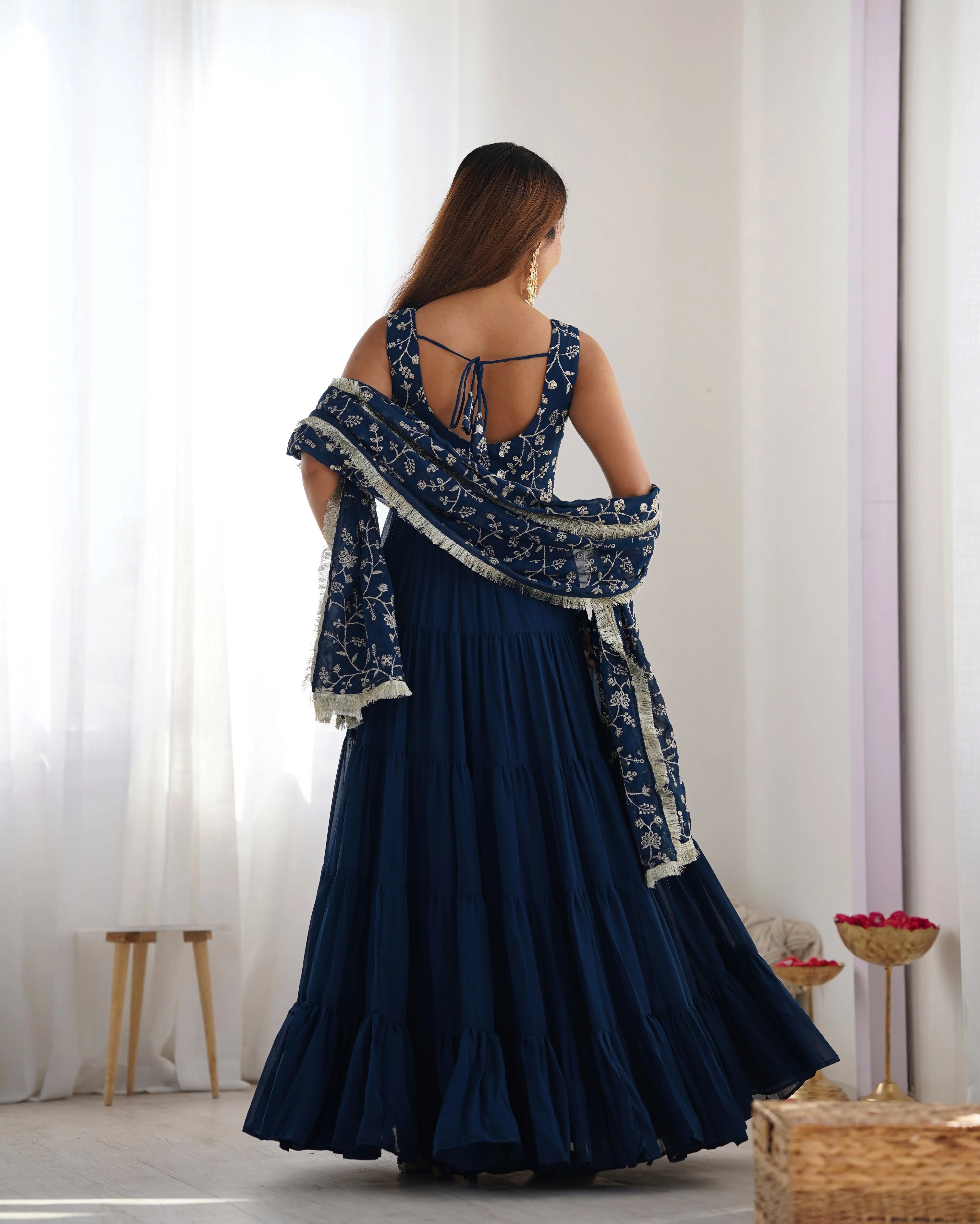 Teal Blue Color Pure Soft Foux Georgette Anarkali Suit With Huge Flair Comes With Duppatta & Pant - Image 9