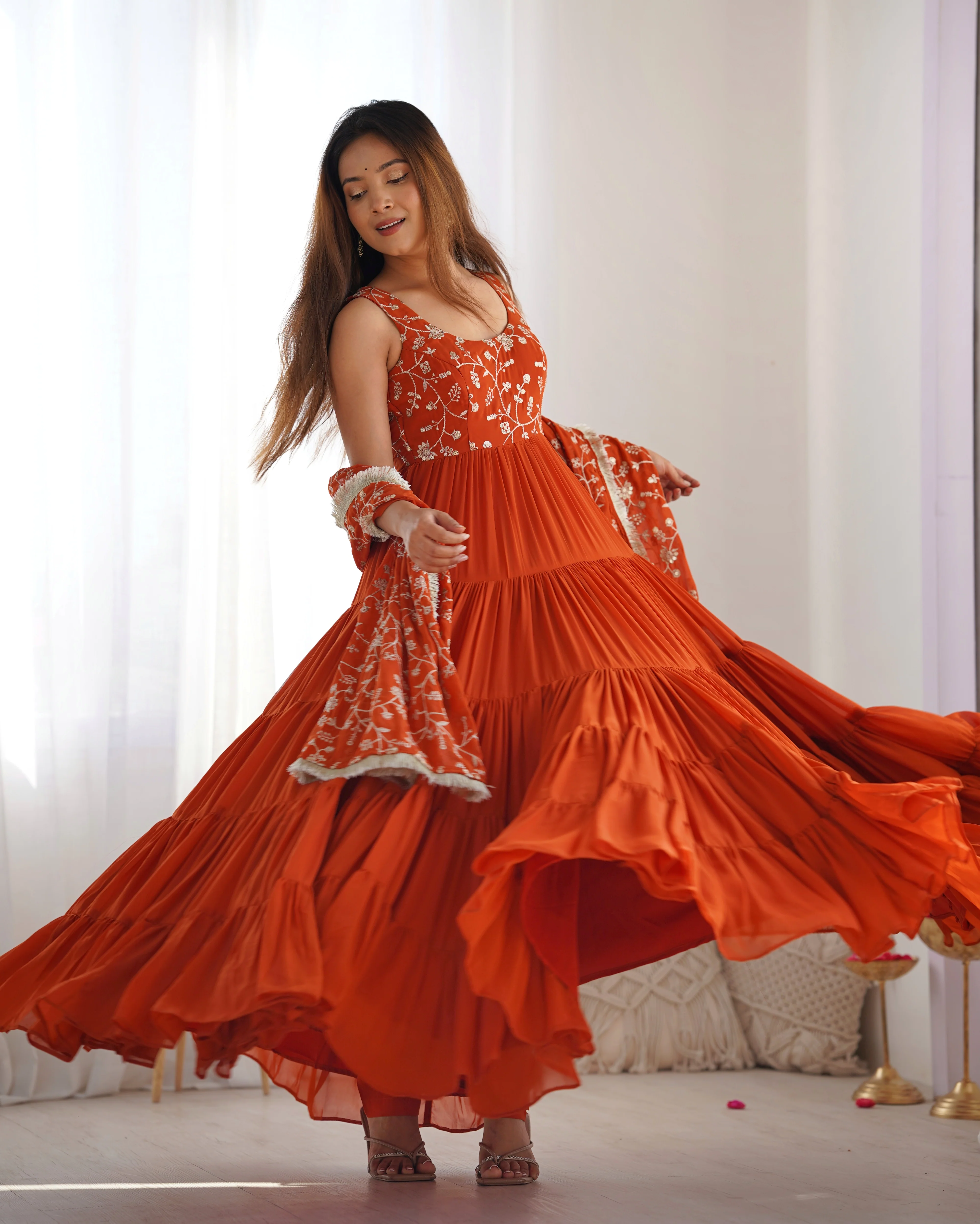 Orange Color Pure Soft Foux Georgette Anarkali Suit With Huge Flair Comes With Duppatta & Pant - RUST - Image 10