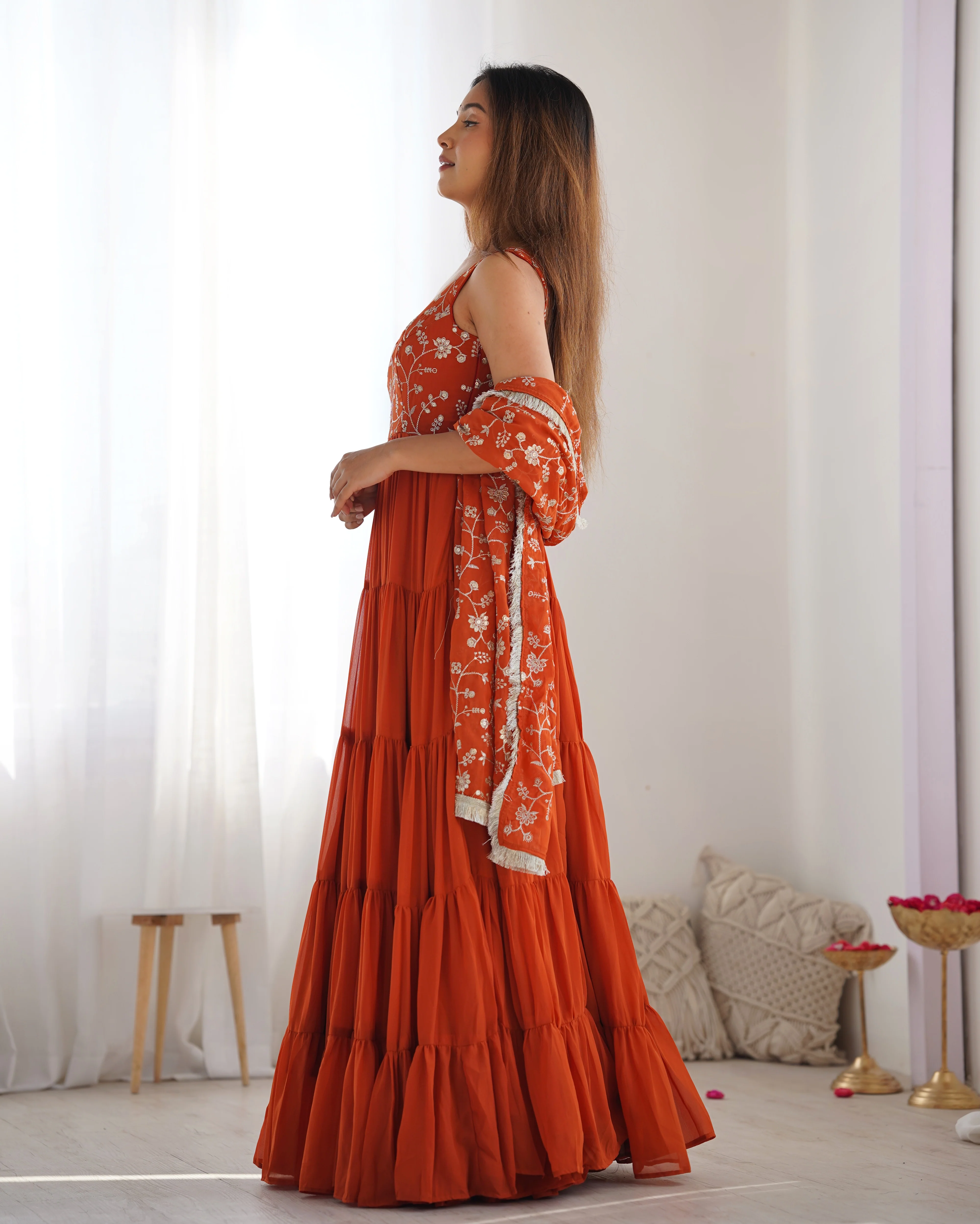 Orange Color Pure Soft Foux Georgette Anarkali Suit With Huge Flair Comes With Duppatta & Pant - RUST - Image 11