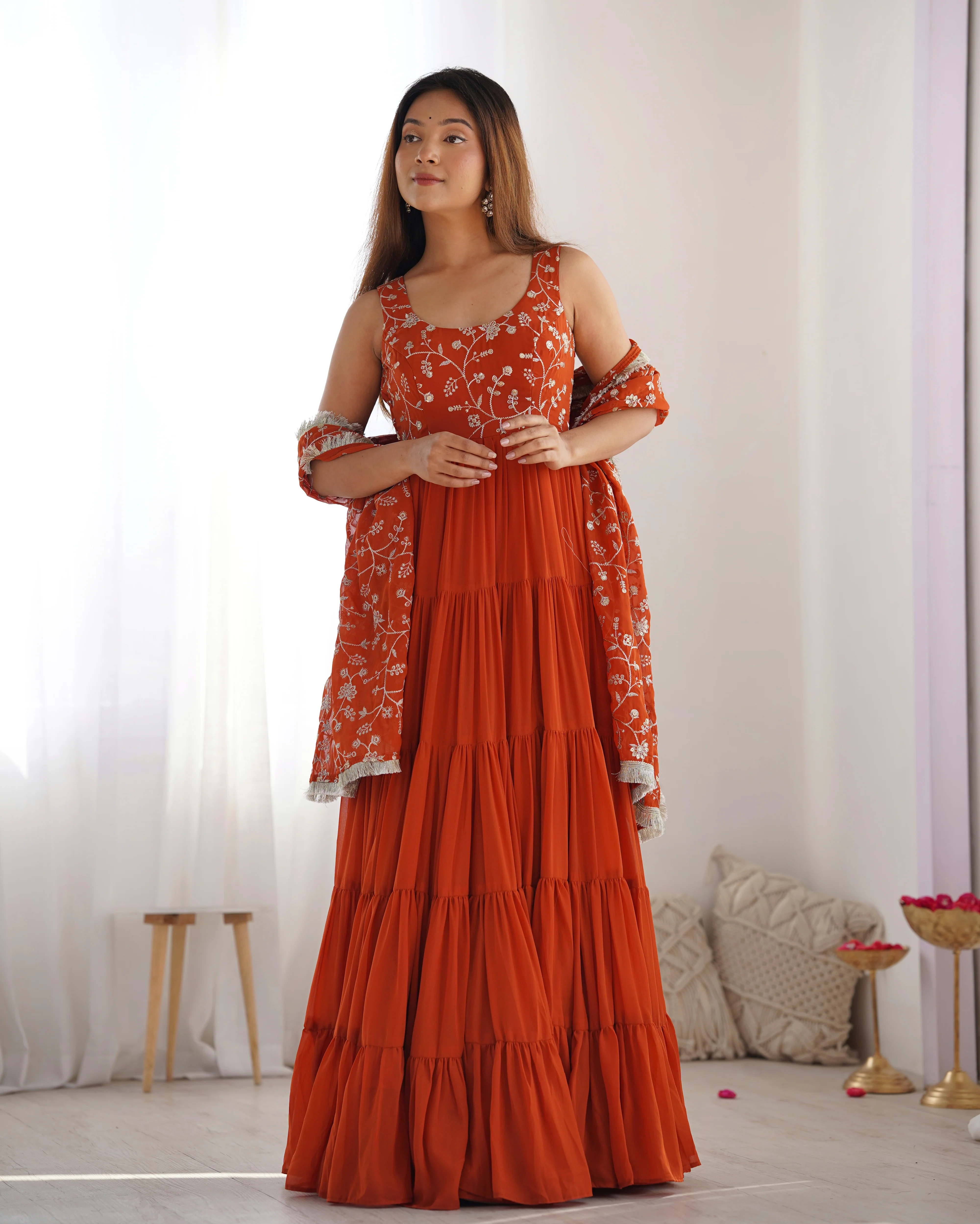 Orange Color Pure Soft Foux Georgette Anarkali Suit With Huge Flair Comes With Duppatta & Pant - RUST - Image 12