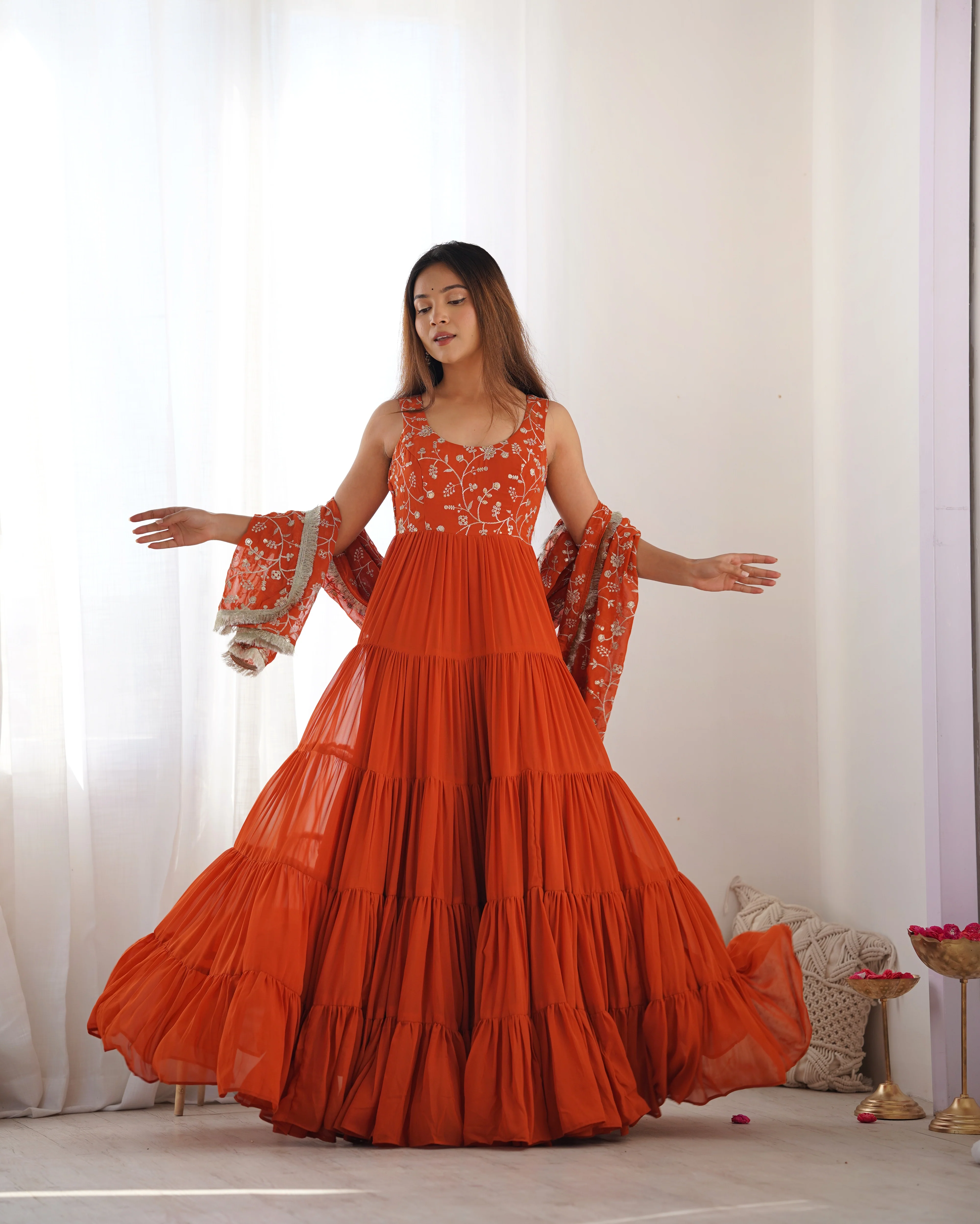 Orange Color Pure Soft Foux Georgette Anarkali Suit With Huge Flair Comes With Duppatta & Pant - RUST - Image 2