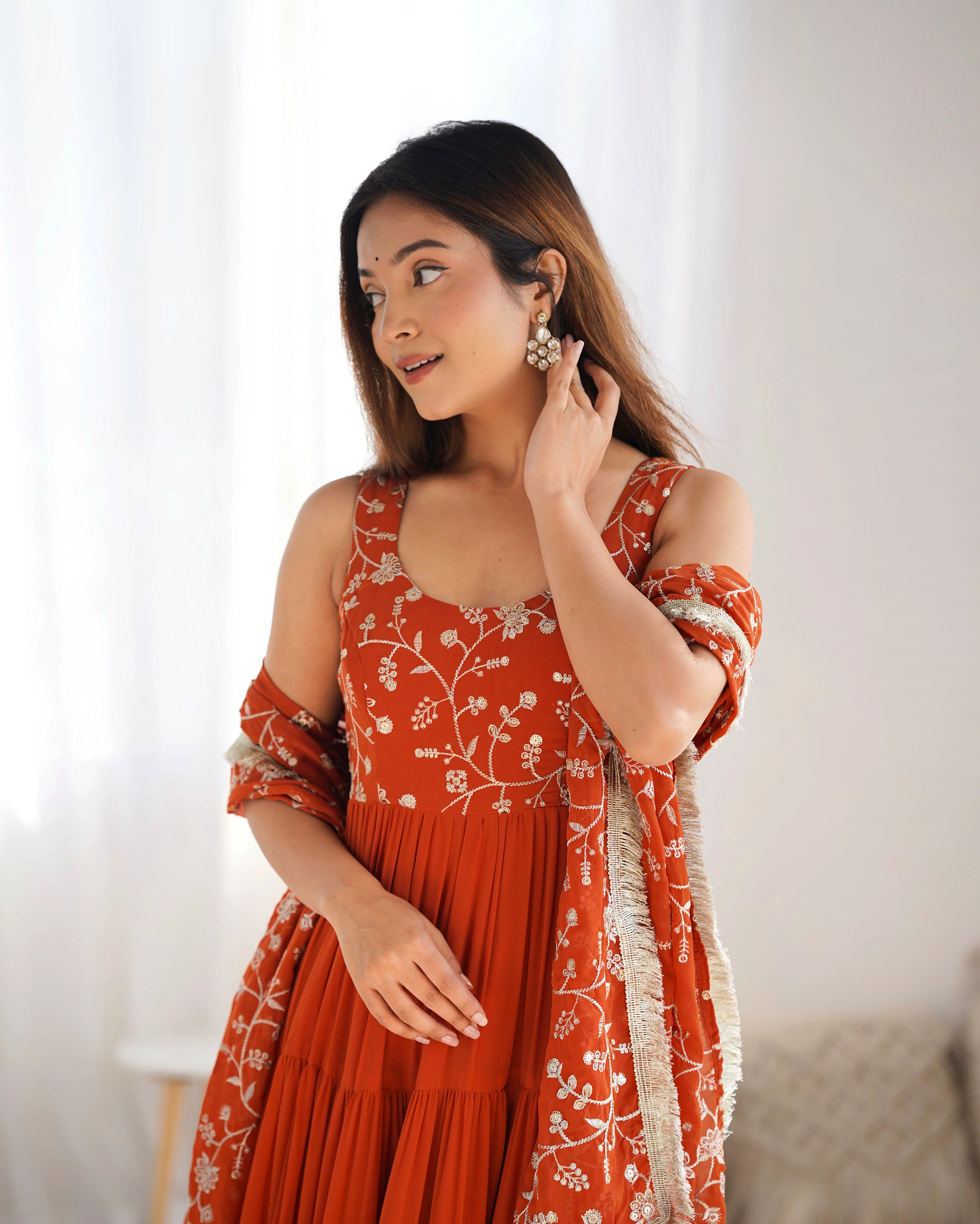 Orange Color Pure Soft Foux Georgette Anarkali Suit With Huge Flair Comes With Duppatta & Pant - RUST - Image 4
