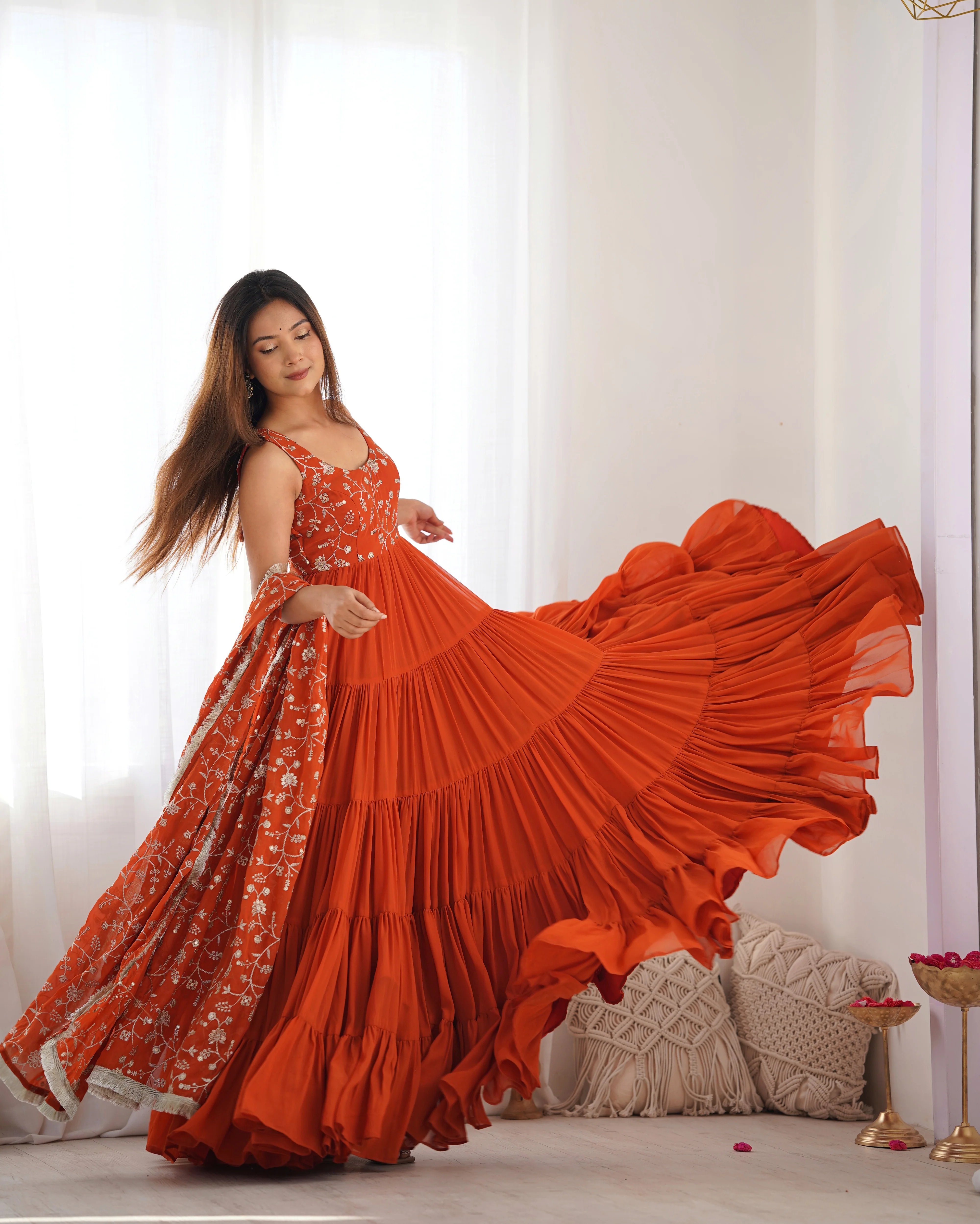 Orange Color Pure Soft Foux Georgette Anarkali Suit With Huge Flair Comes With Duppatta & Pant - RUST - Image 5