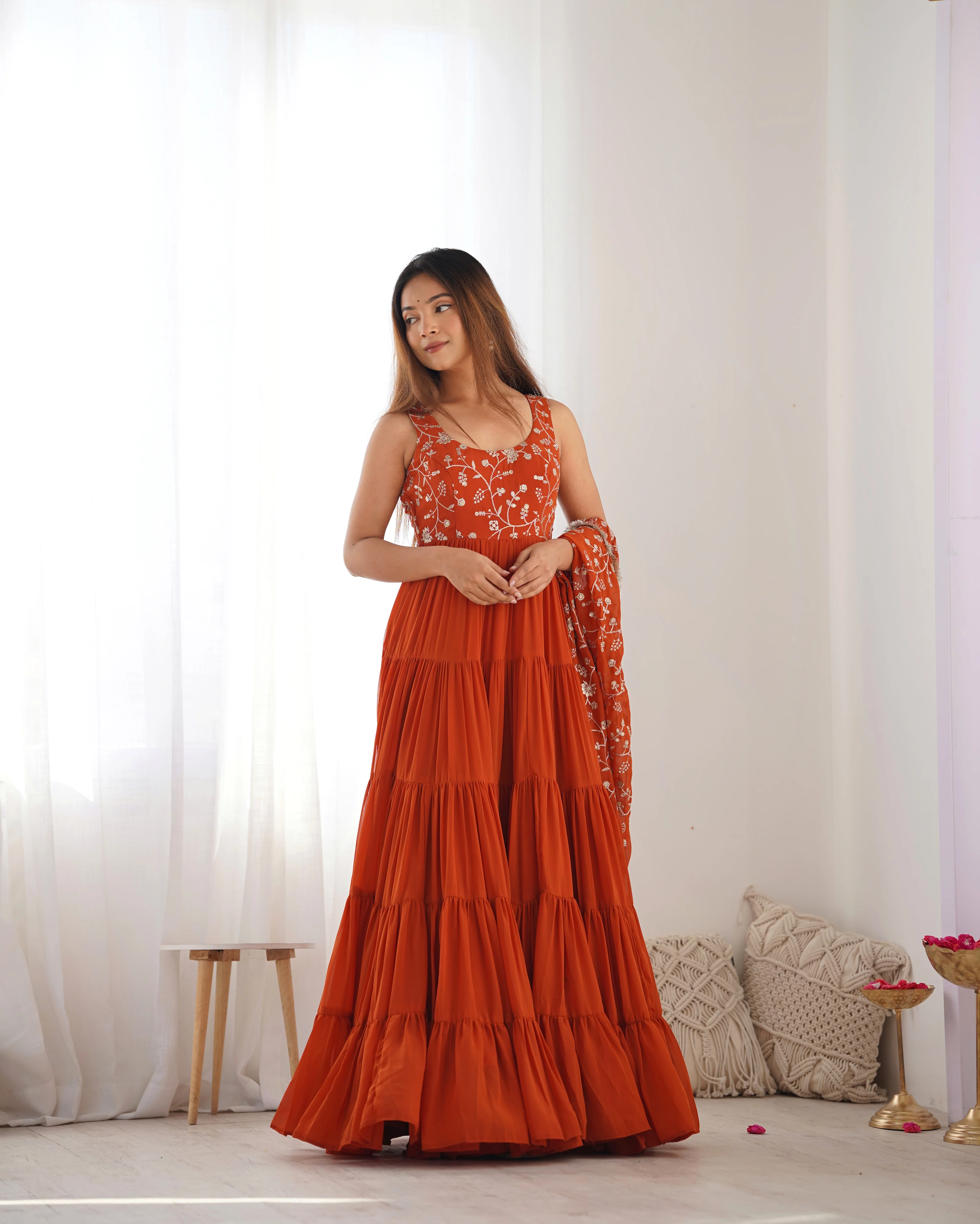 Orange Color Pure Soft Foux Georgette Anarkali Suit With Huge Flair Comes With Duppatta & Pant - RUST - Image 6