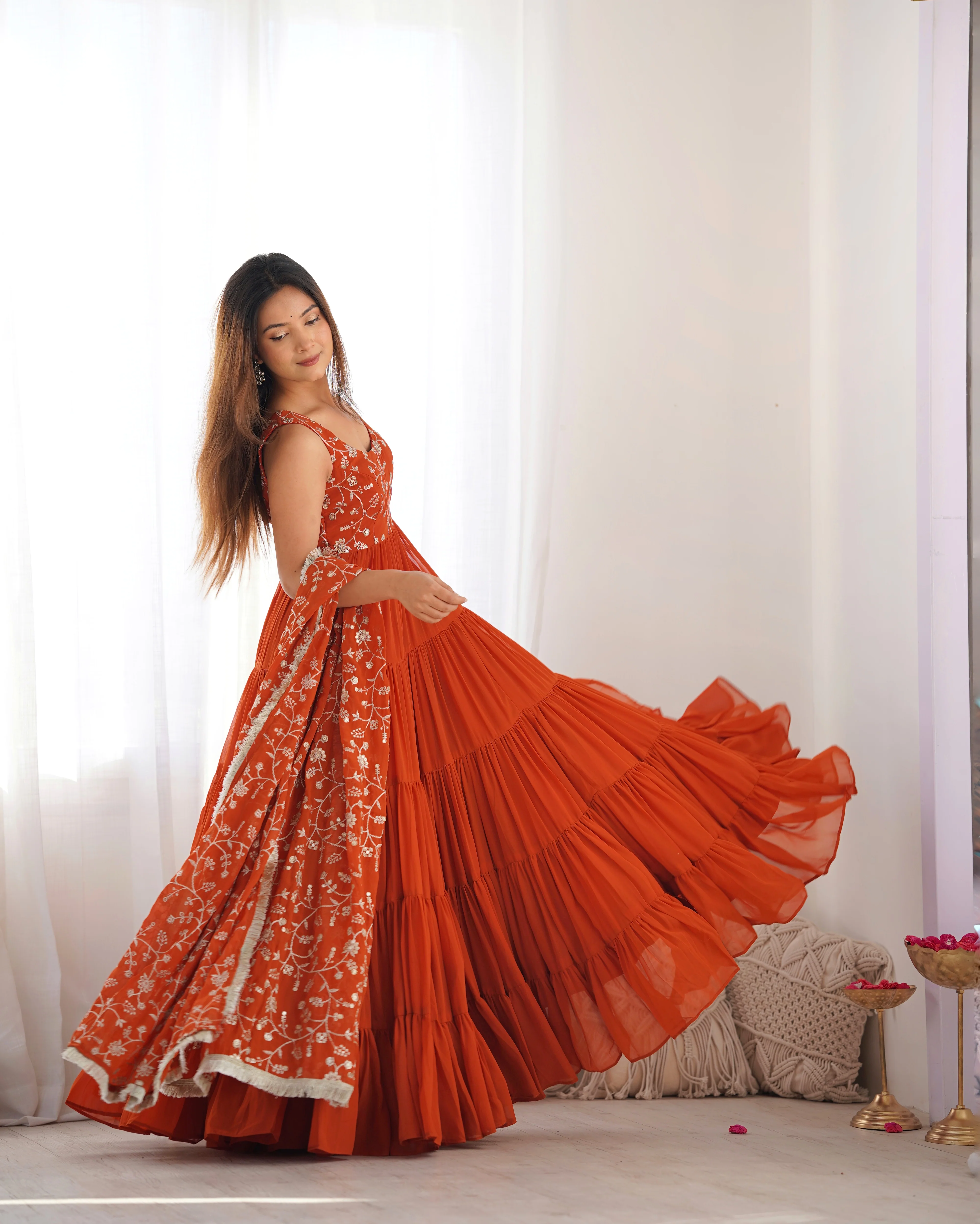 Orange Color Pure Soft Foux Georgette Anarkali Suit With Huge Flair Comes With Duppatta & Pant - RUST - Image 7