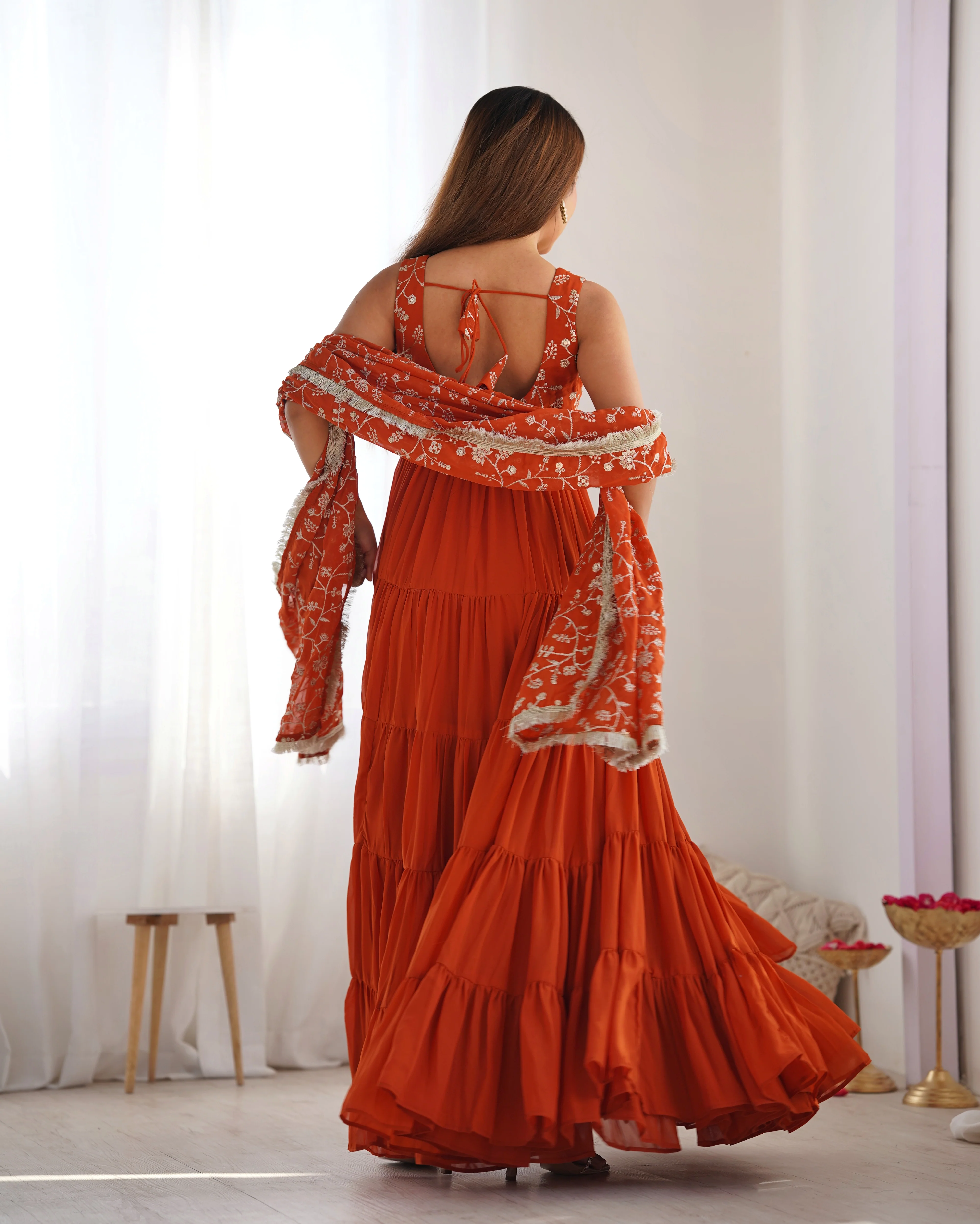 Orange Color Pure Soft Foux Georgette Anarkali Suit With Huge Flair Comes With Duppatta & Pant - RUST - Image 8