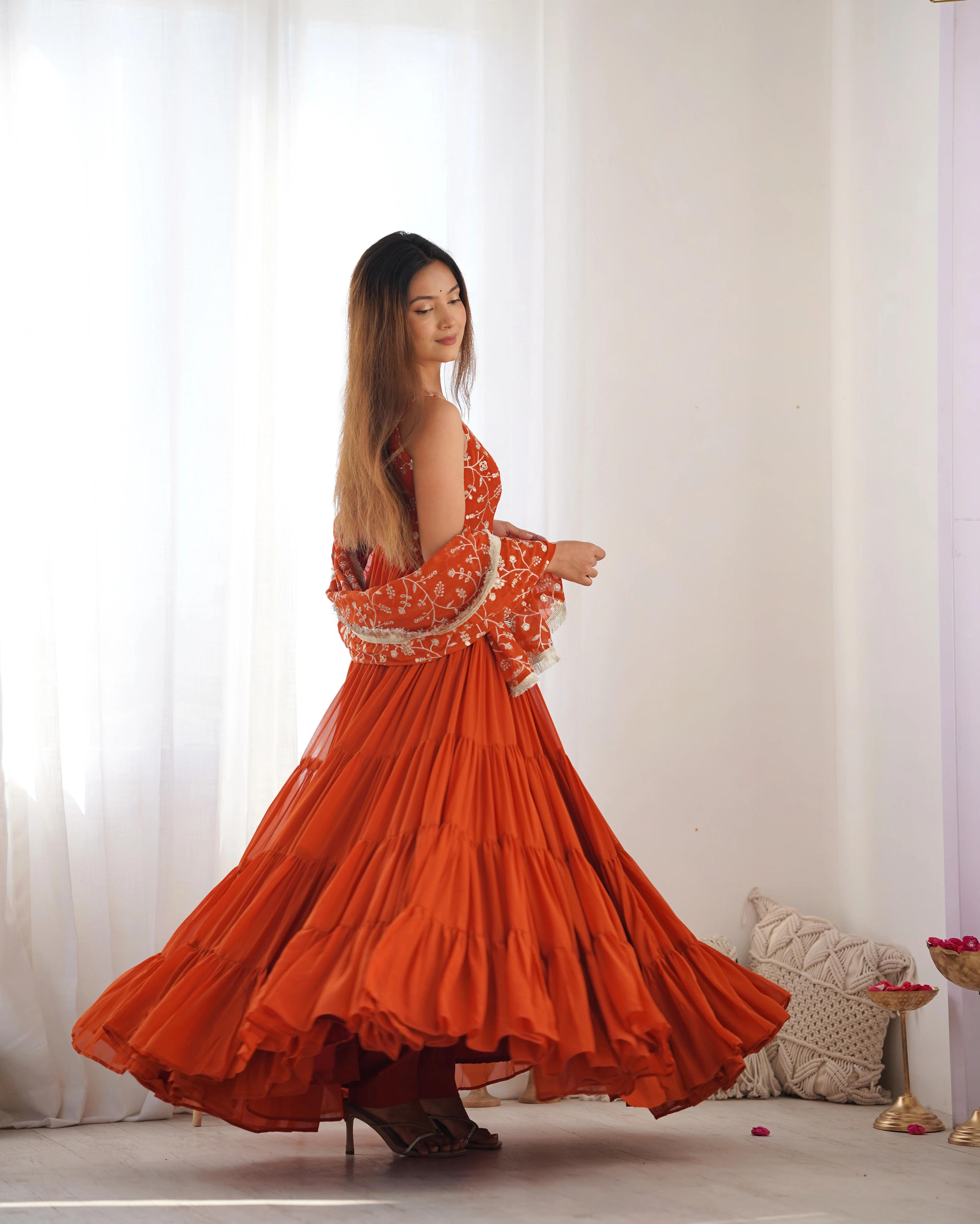 Orange Color Pure Soft Foux Georgette Anarkali Suit With Huge Flair Comes With Duppatta & Pant - RUST - Image 9
