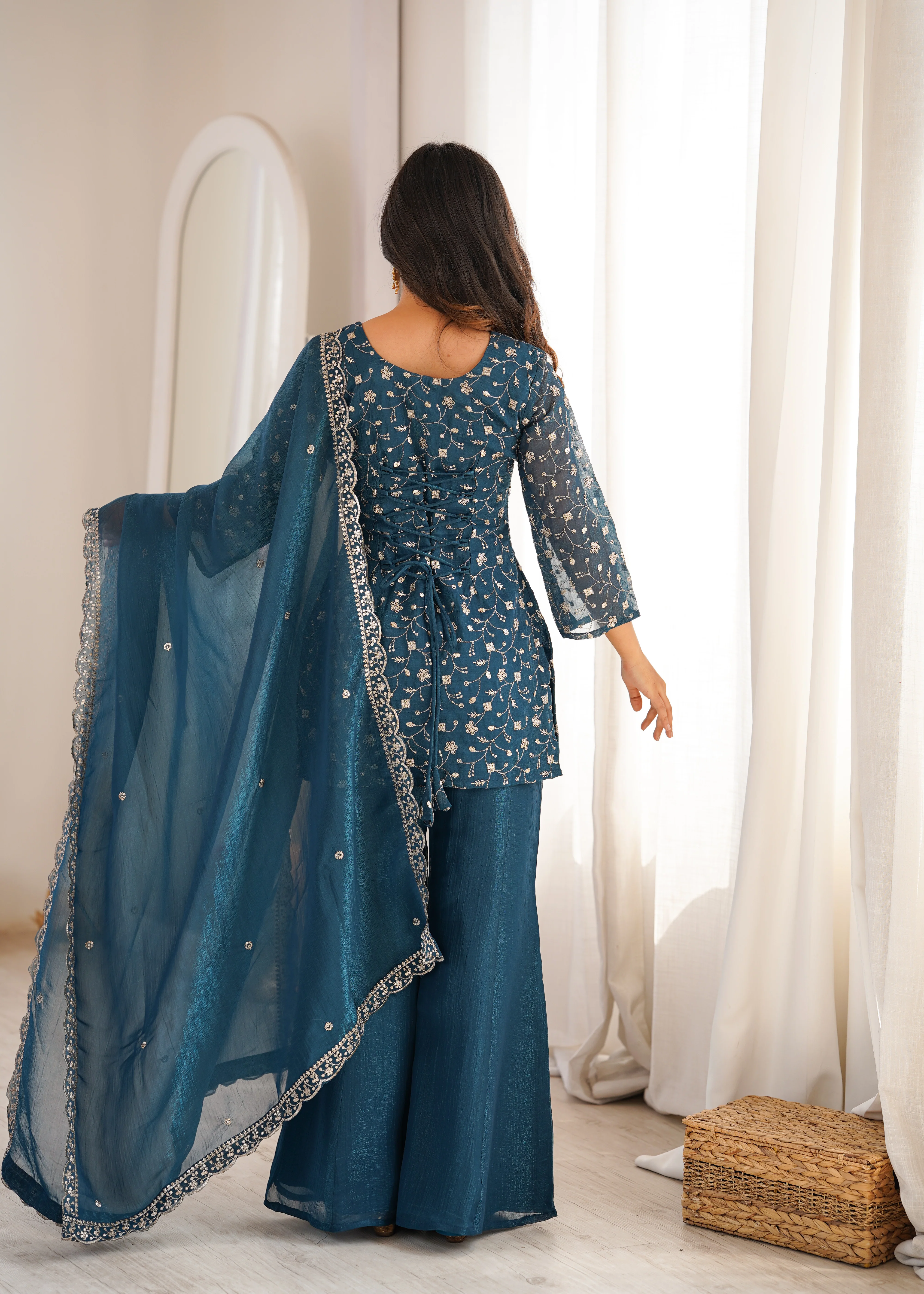 Teal Blue Crunchy Silk Sequence Work Kurta Bell Bottom Suit Set - Image 5