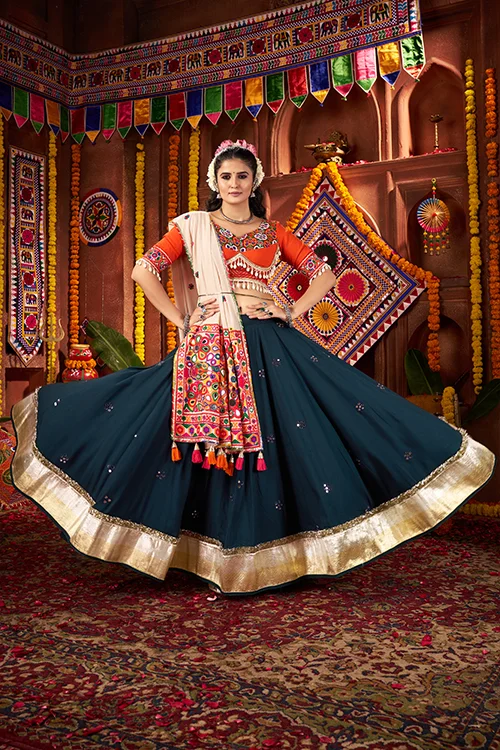 Teal Blue Mirror Chaniya Choli Set for Dandiya Night - Image 3