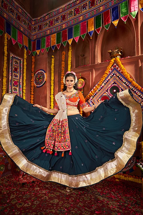 Teal Blue Mirror Chaniya Choli Set for Dandiya Night - Image 4