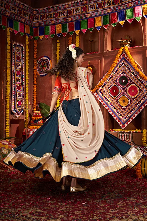 Teal Blue Mirror Chaniya Choli Set for Dandiya Night - Image 5