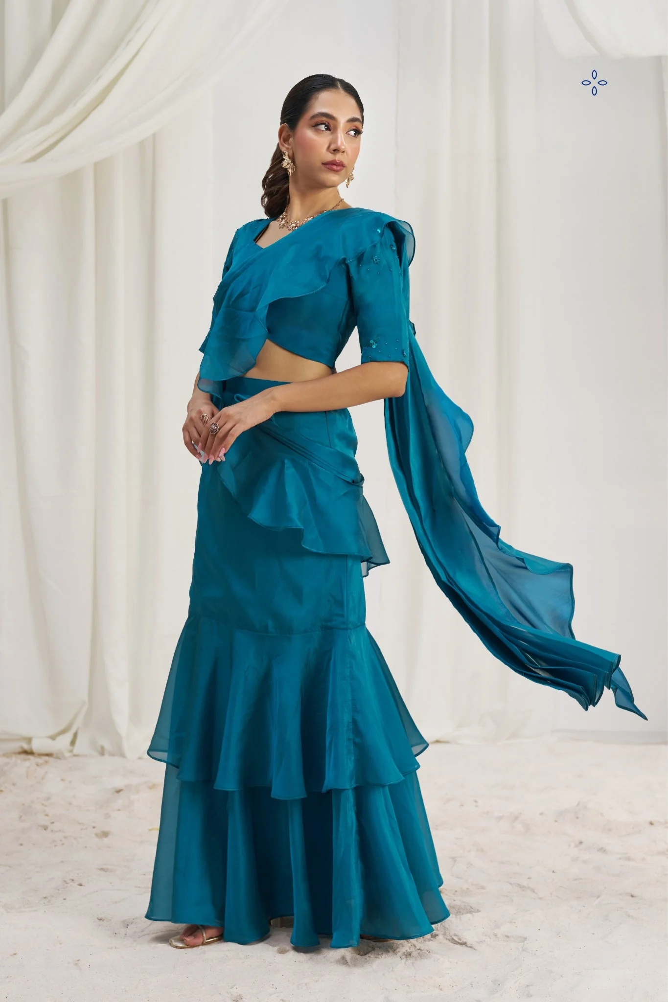 Teel Blue Organza Ruffle Saree Set - Image 3