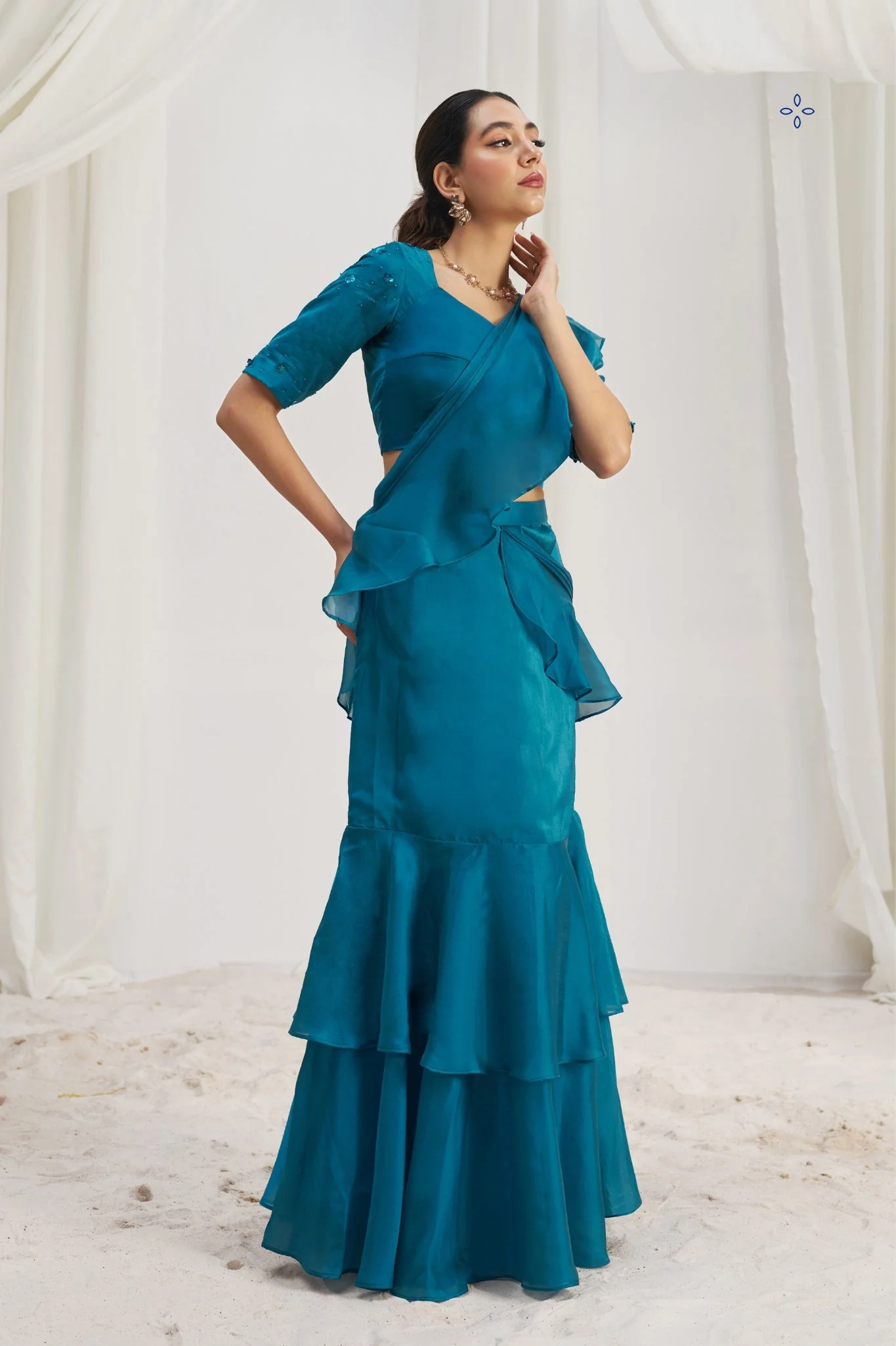 Teel Blue Organza Ruffle Saree Set - Image 4