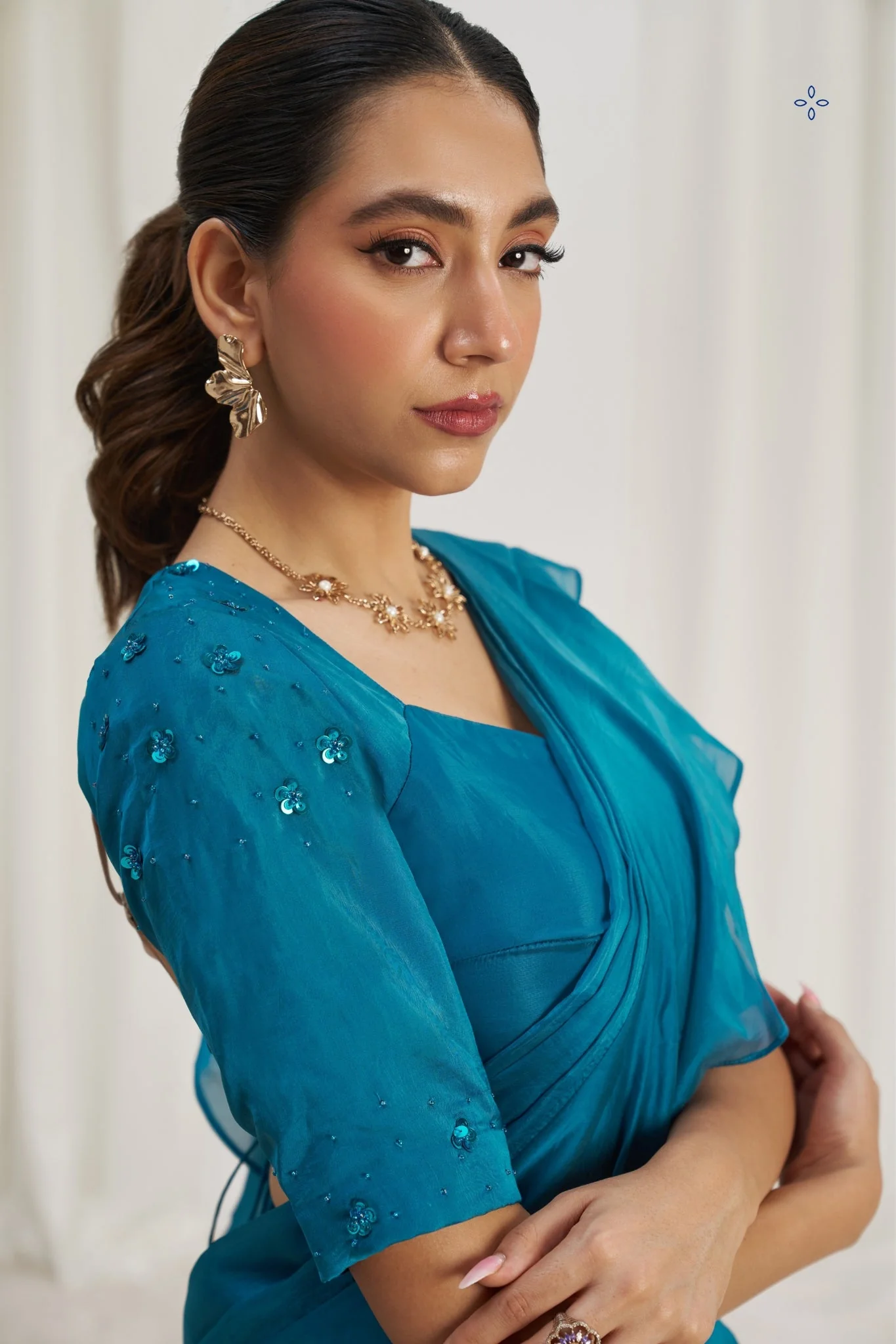 Teel Blue Organza Ruffle Saree Set - Image 7