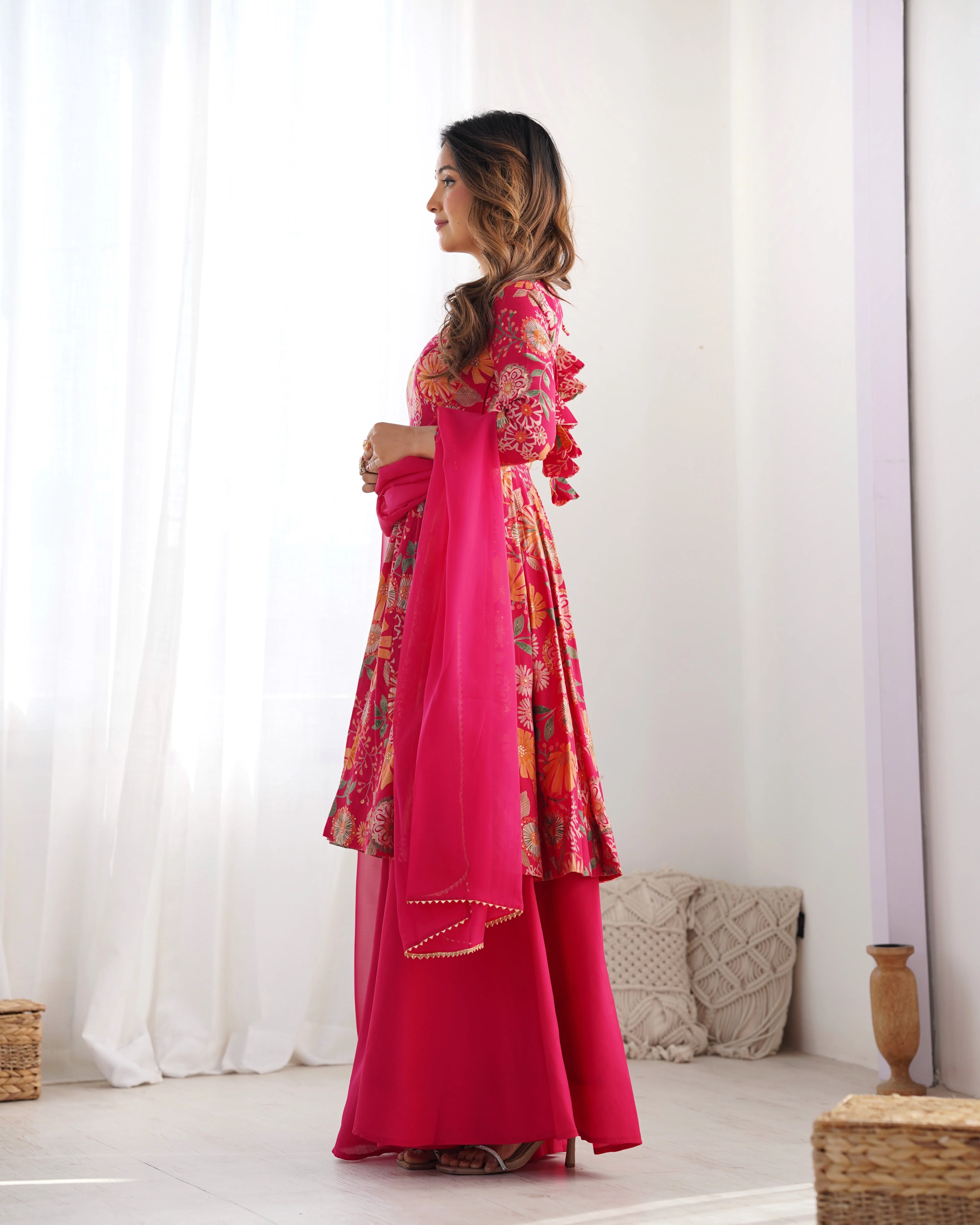 The Charm of Vibrant Traditions Pink Top & Palazzo Suit - Image 10