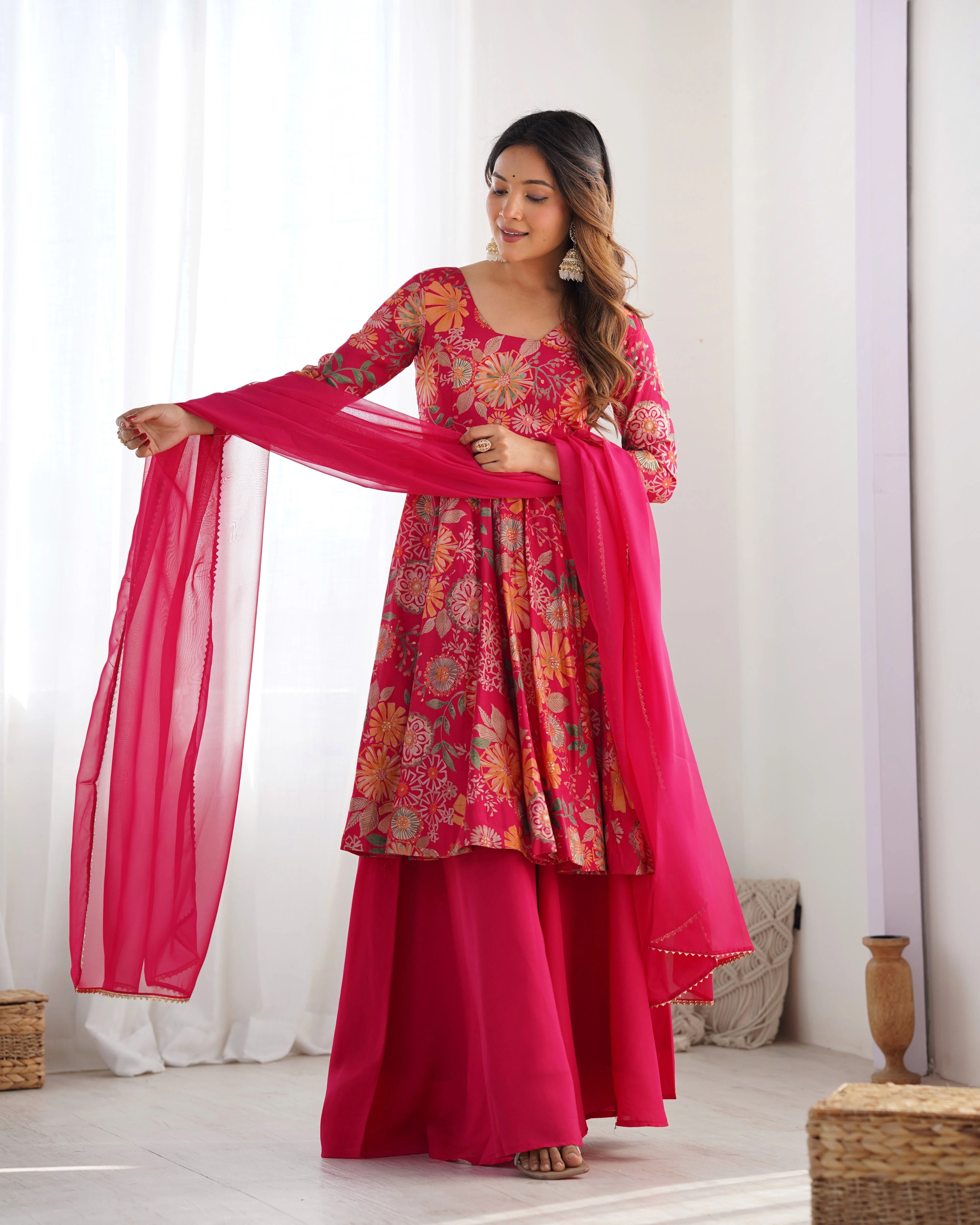 The Charm of Vibrant Traditions Pink Top & Palazzo Suit - Image 11