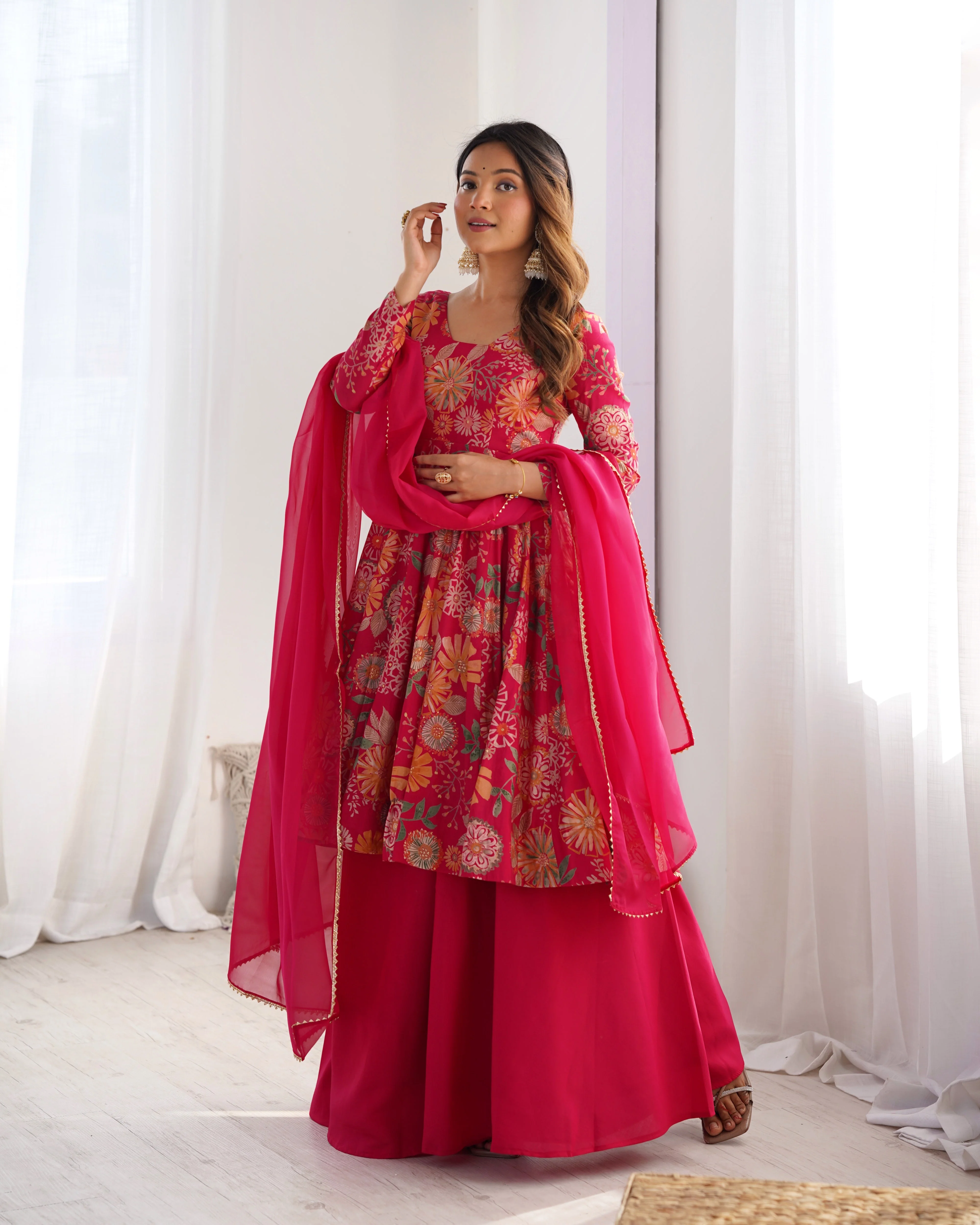 The Charm of Vibrant Traditions Pink Top & Palazzo Suit - Image 5