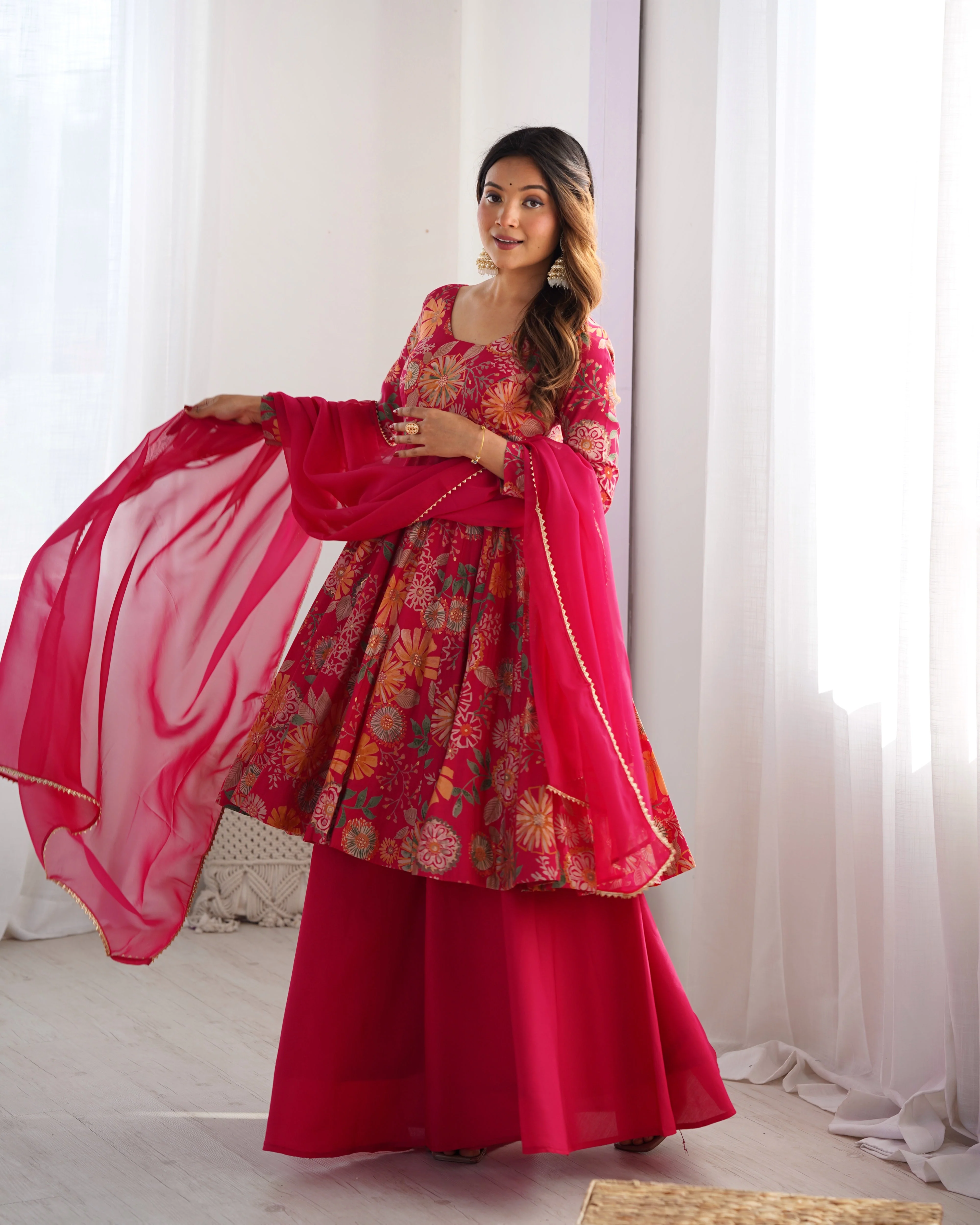 The Charm of Vibrant Traditions Pink Top & Palazzo Suit - Image 6