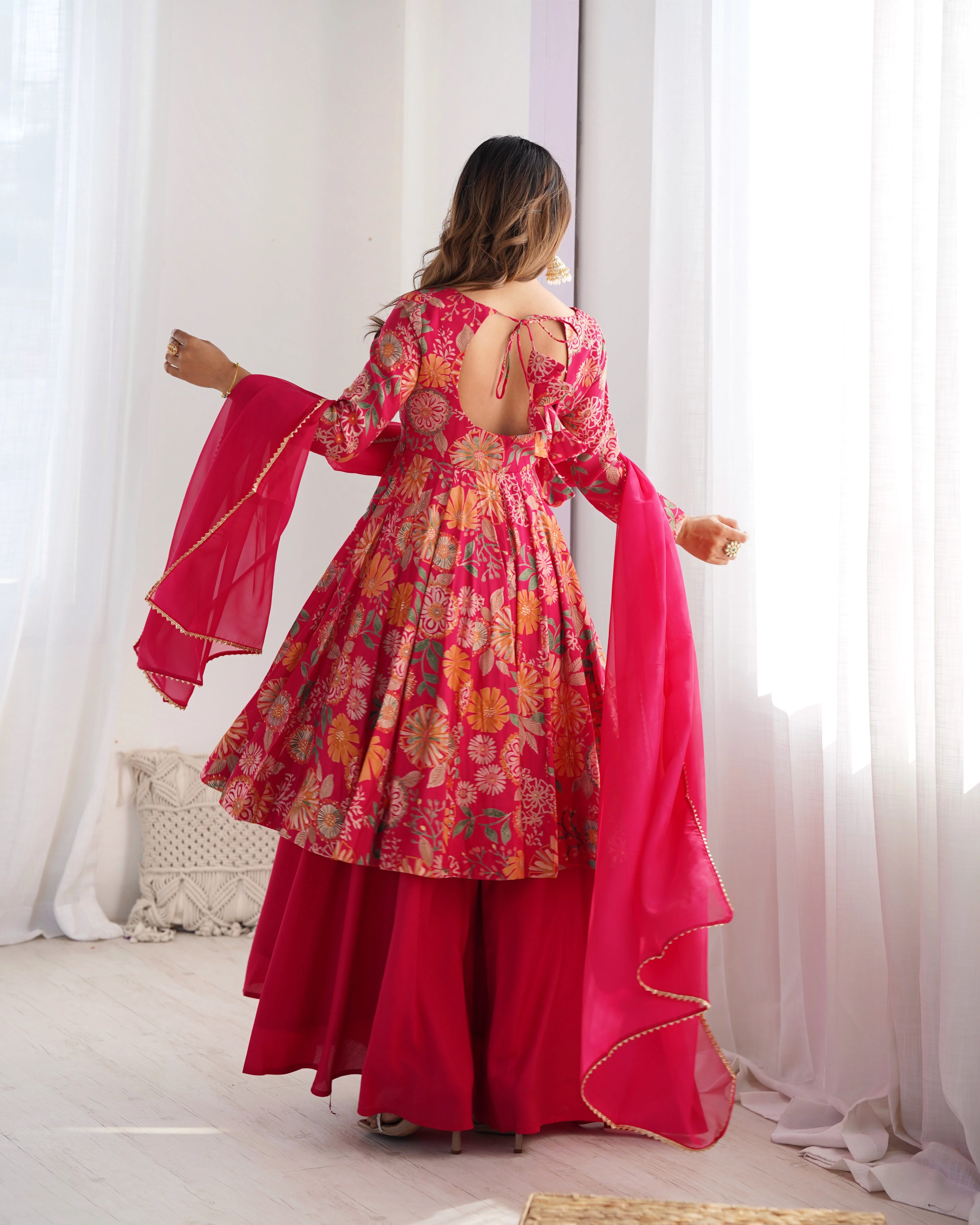 The Charm of Vibrant Traditions Pink Top & Palazzo Suit - Image 7