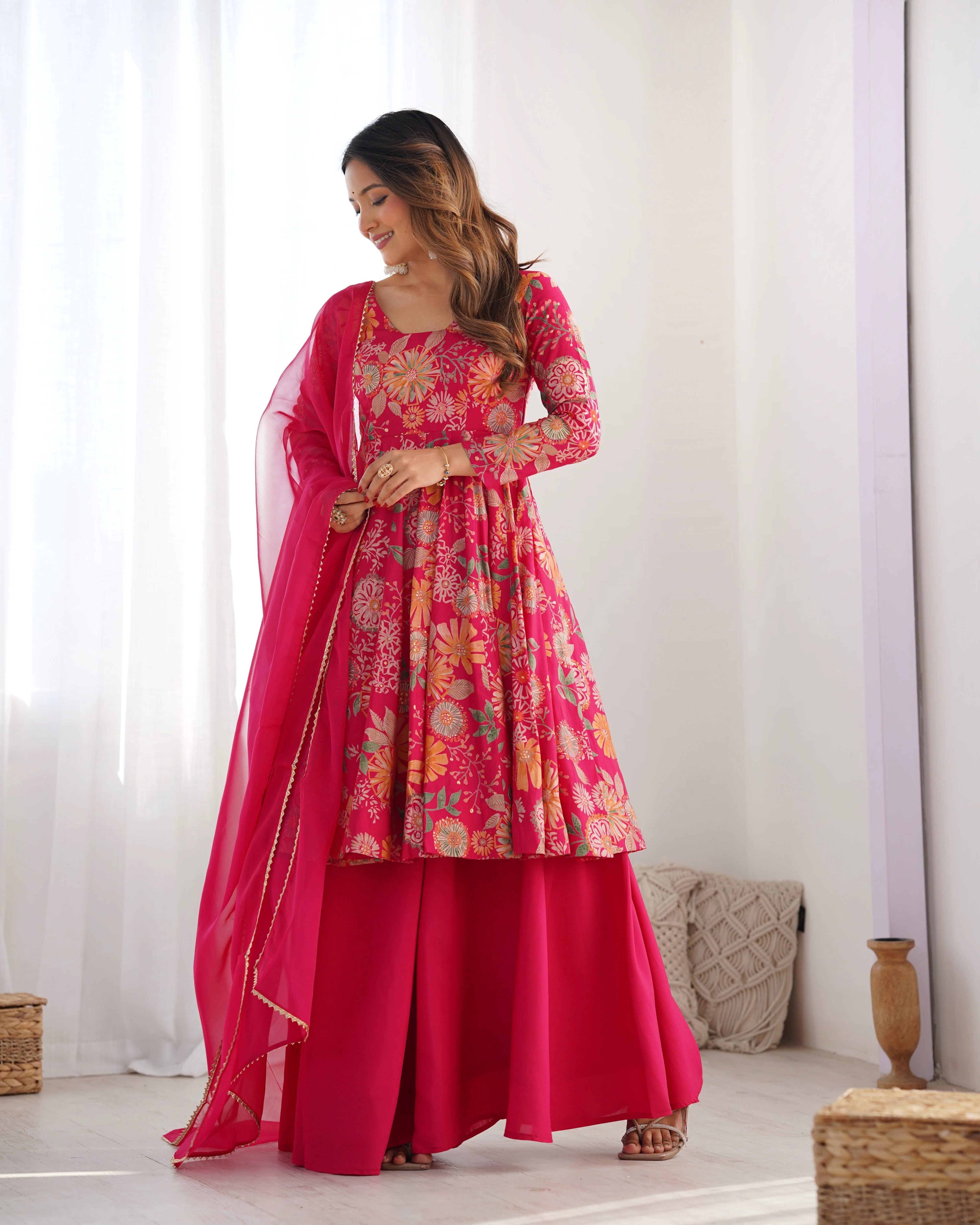 The Charm of Vibrant Traditions Pink Top & Palazzo Suit - Image 8