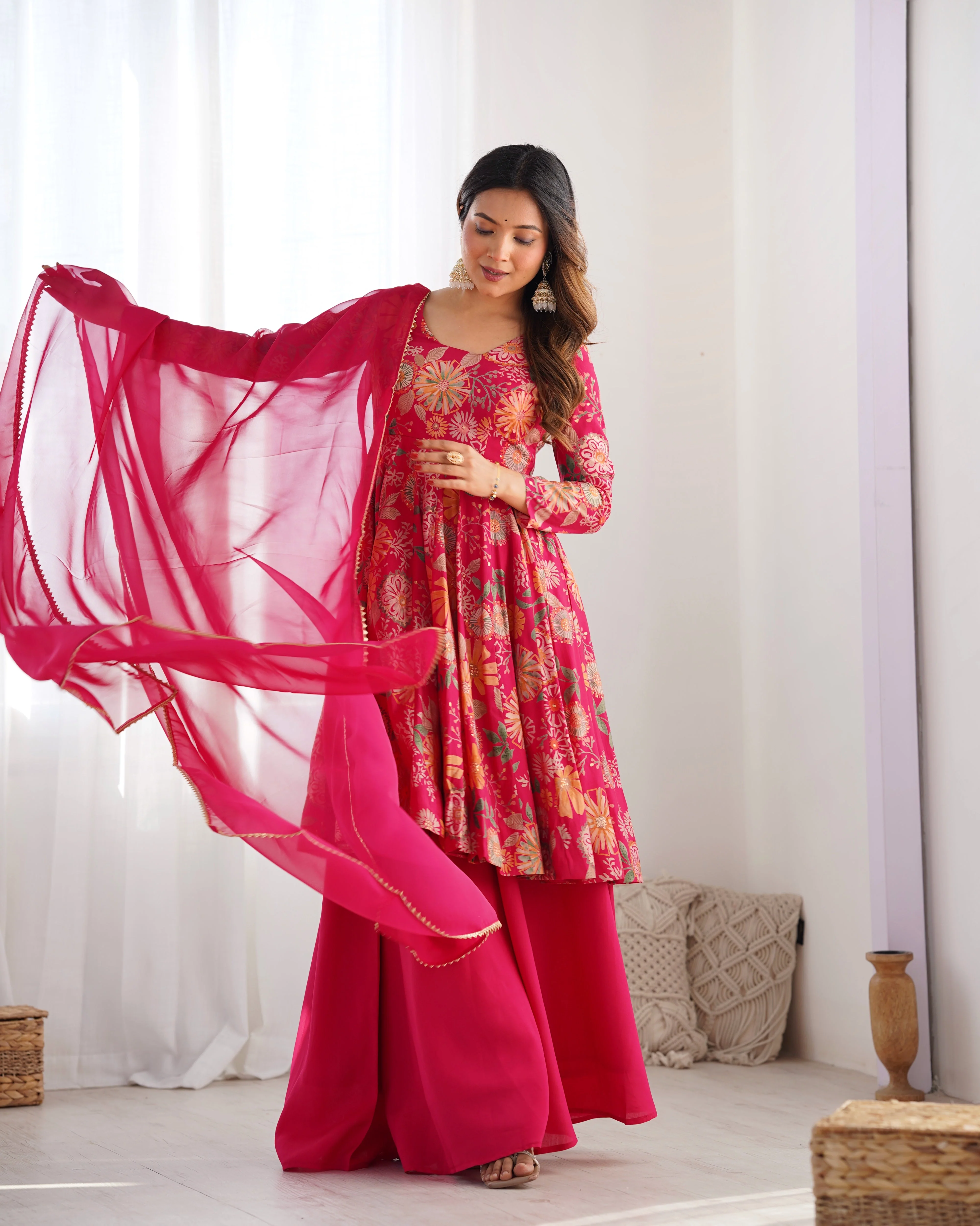 The Charm of Vibrant Traditions Pink Top & Palazzo Suit - Image 9