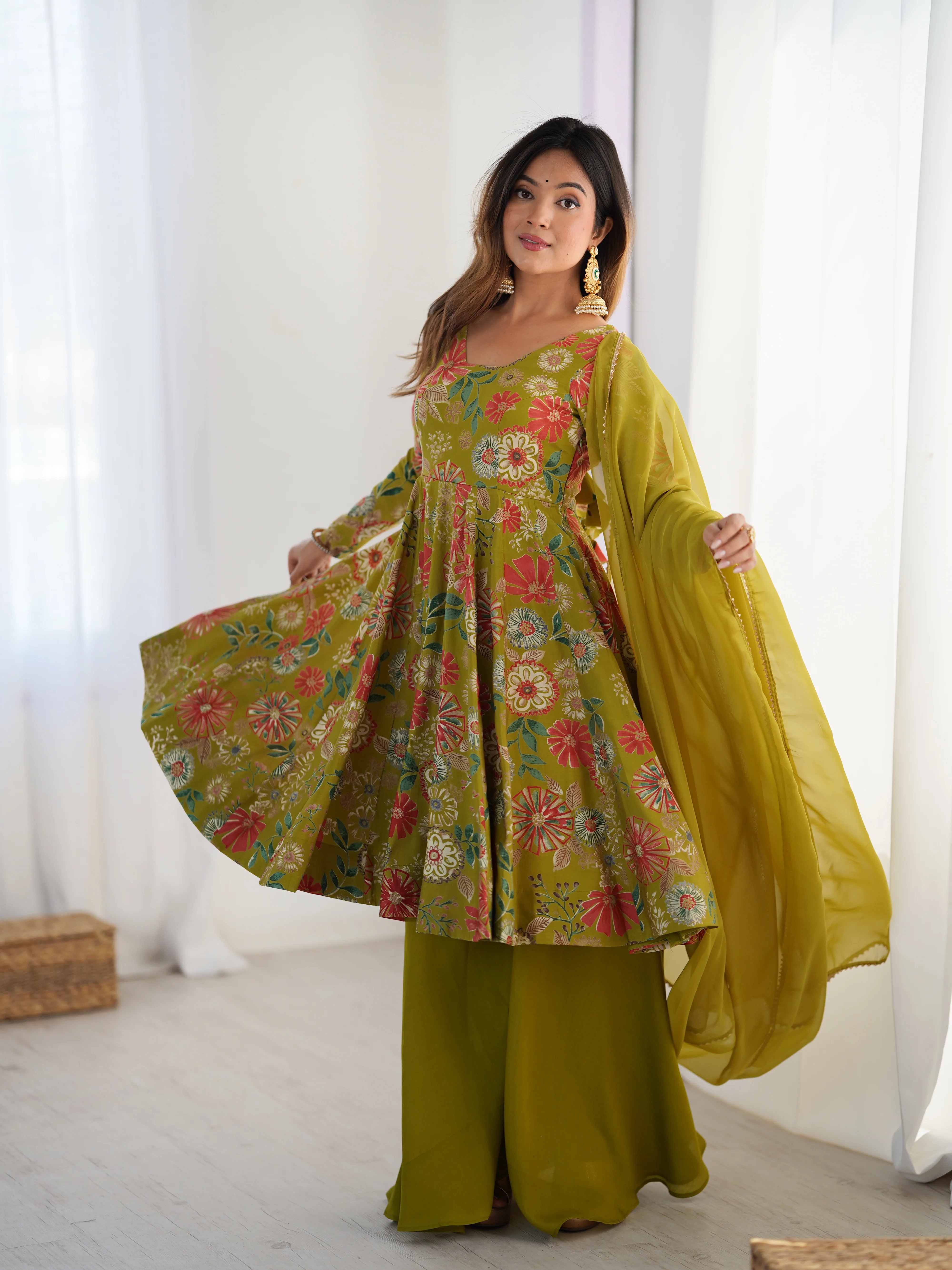 The Charm of Vibrant Traditions Top & Palazzo Suit Set - Mehendi - Image 3
