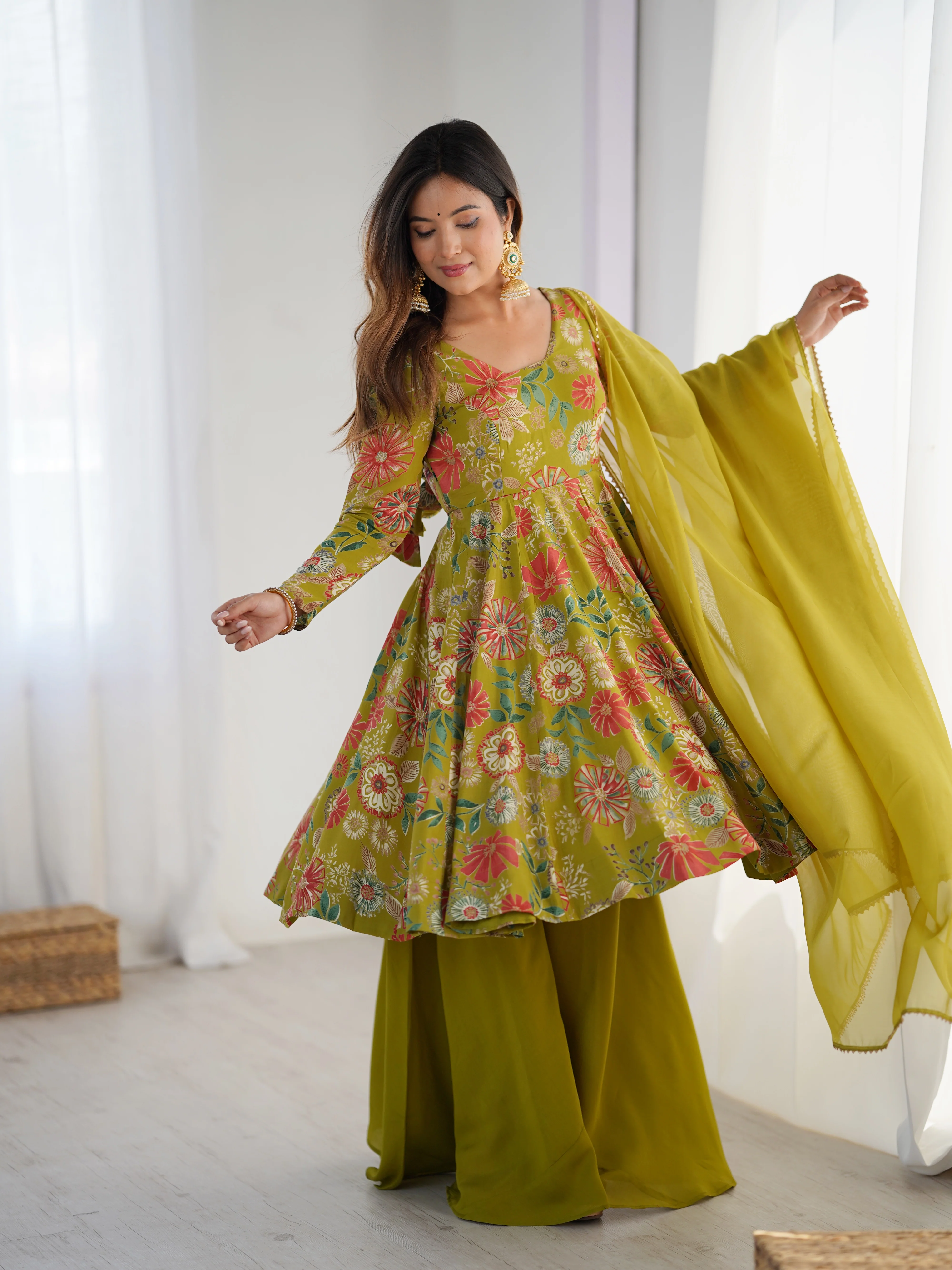 The Charm of Vibrant Traditions Top & Palazzo Suit Set - Mehendi - Image 5