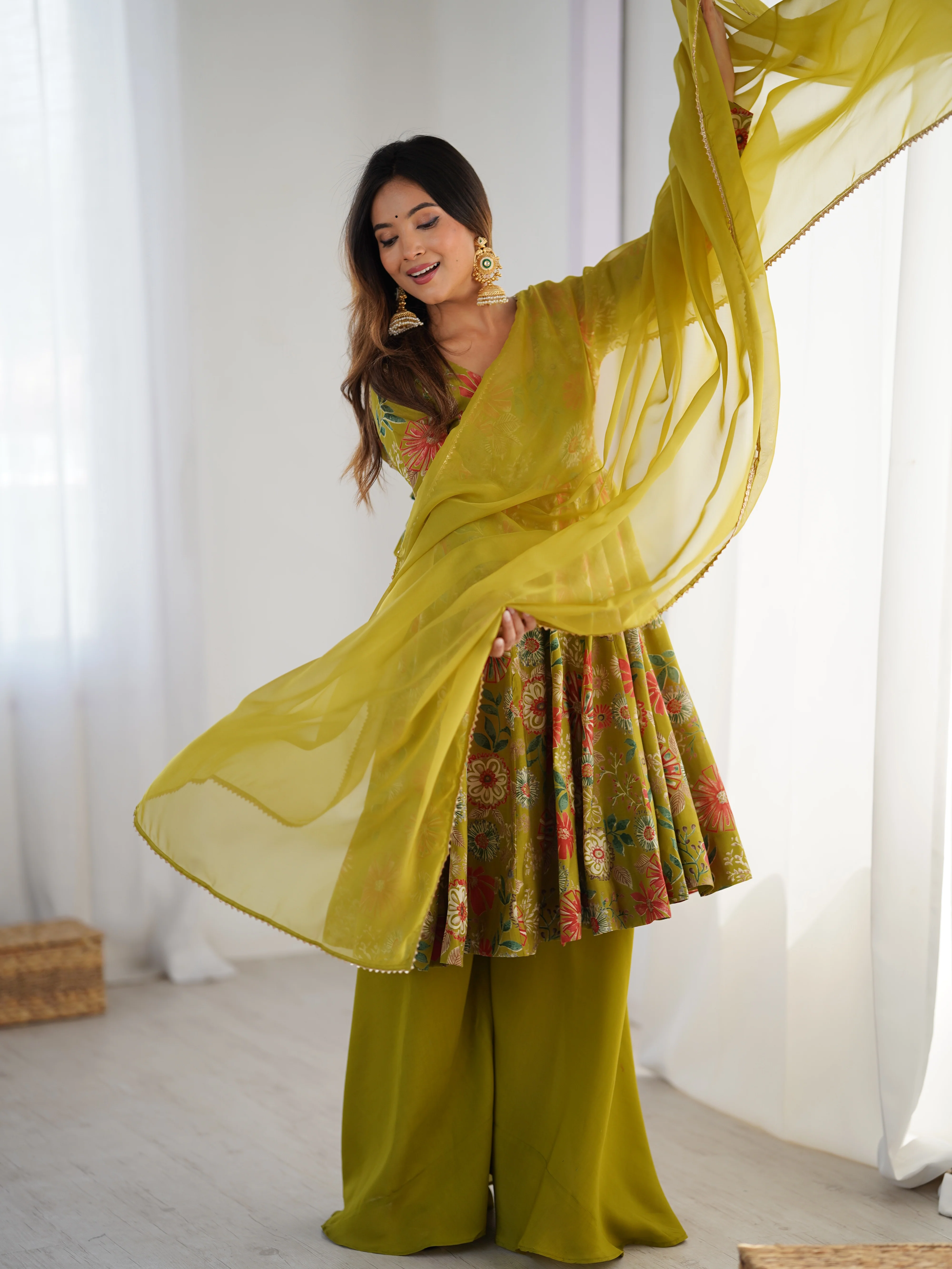 The Charm of Vibrant Traditions Top & Palazzo Suit Set - Mehendi - Image 6