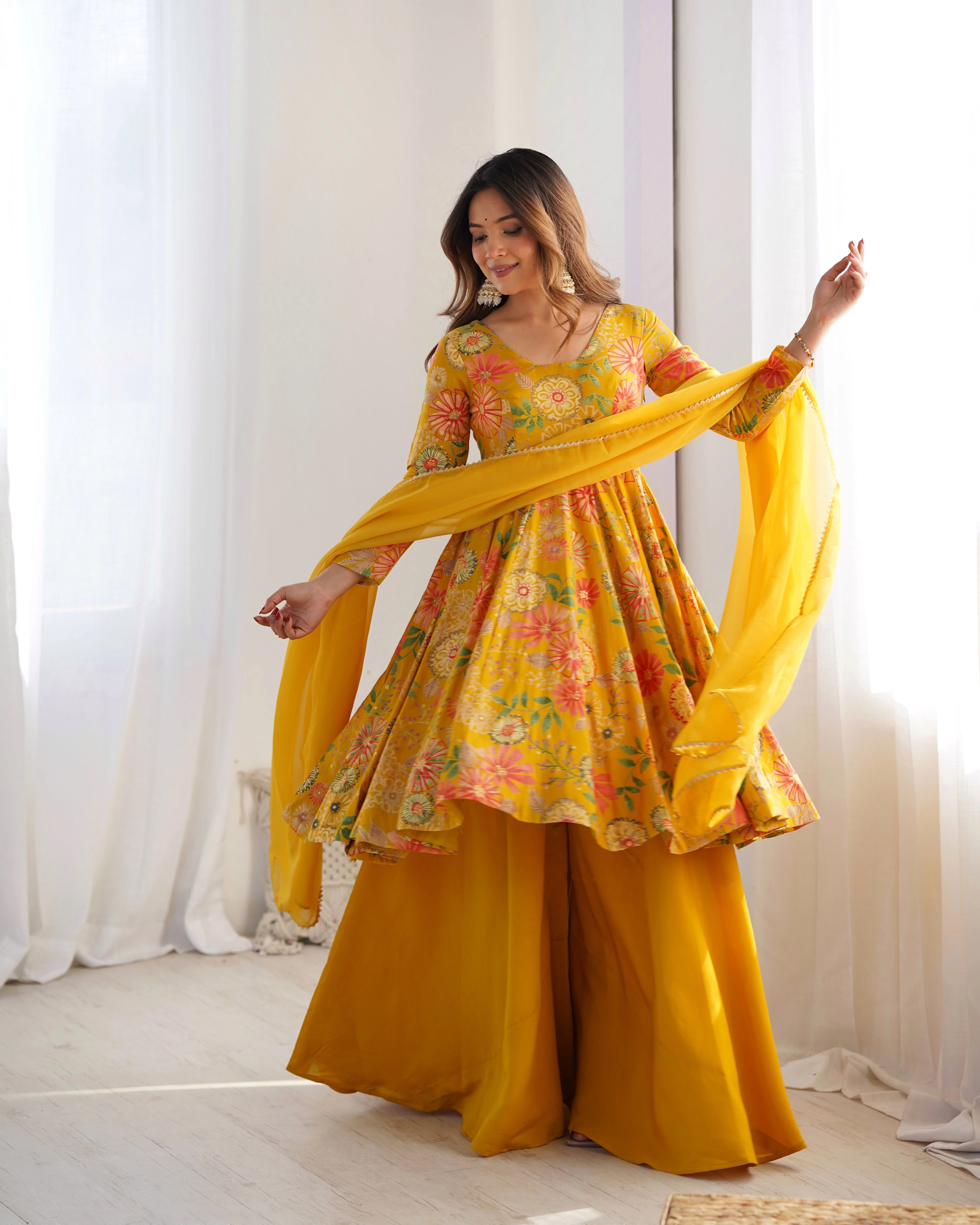 The Charm of Vibrant Traditions Yellow Top & Palazzo Suit Set - Image 3