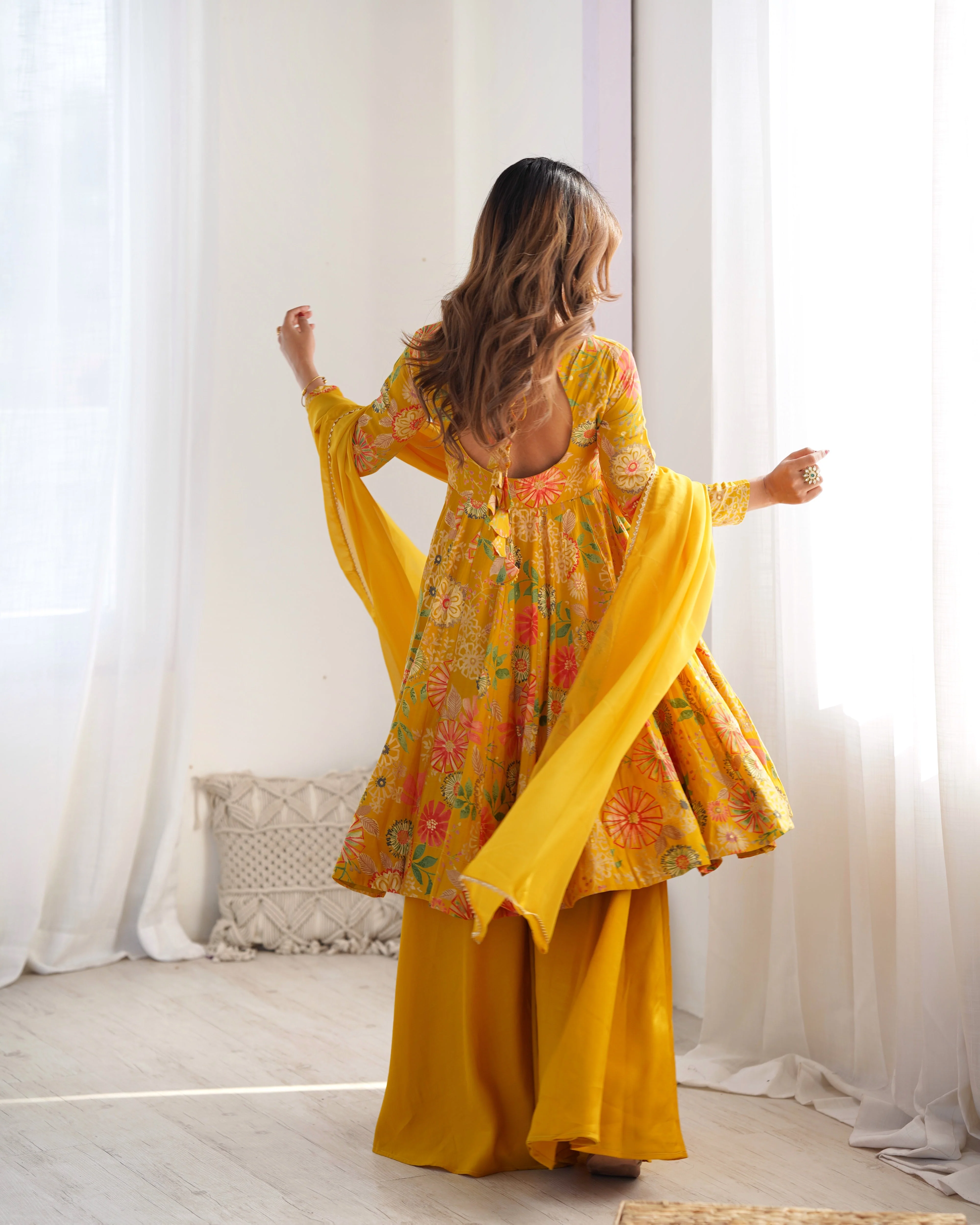 The Charm of Vibrant Traditions Yellow Top & Palazzo Suit Set - Image 4