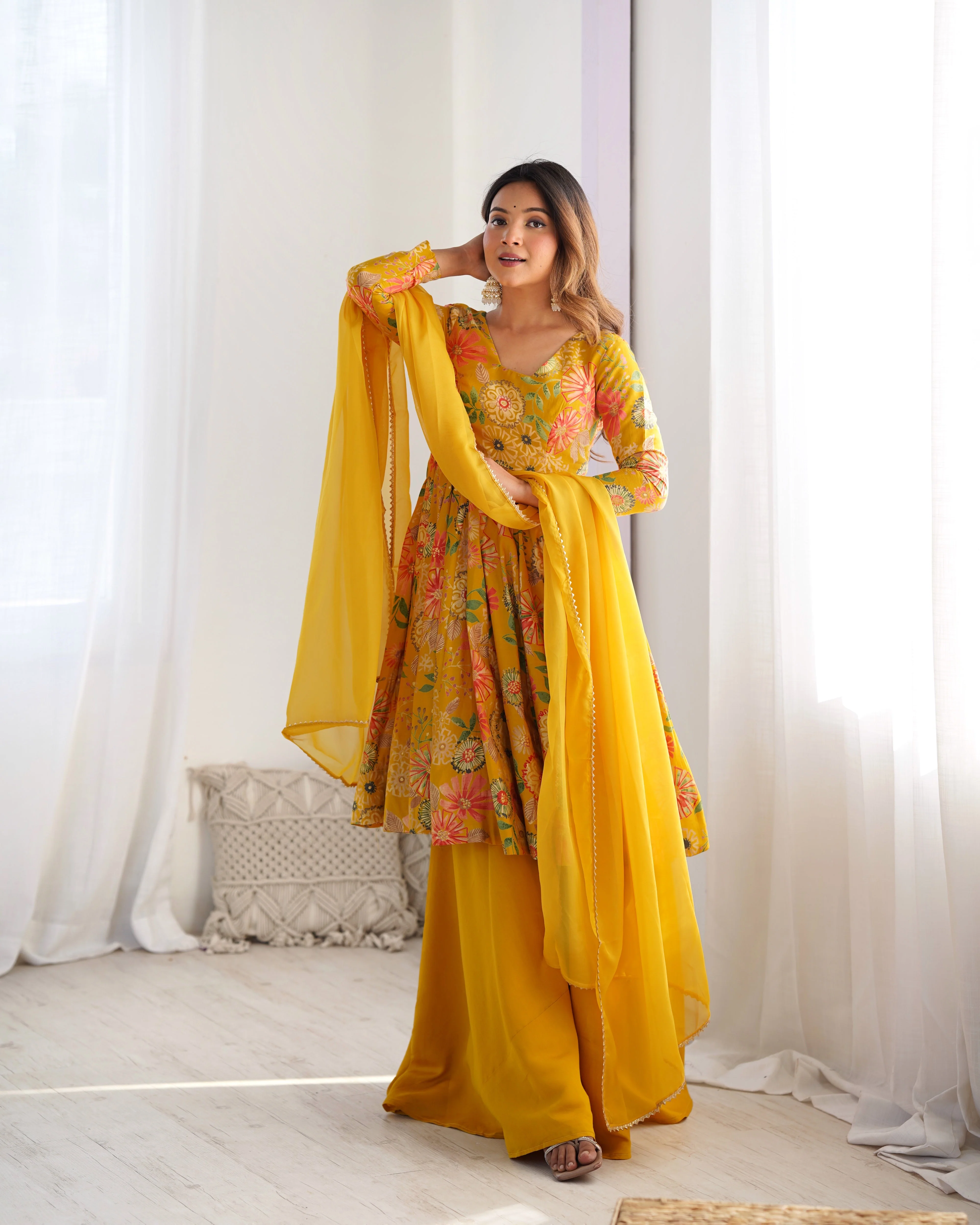 The Charm of Vibrant Traditions Yellow Top & Palazzo Suit Set - Image 6