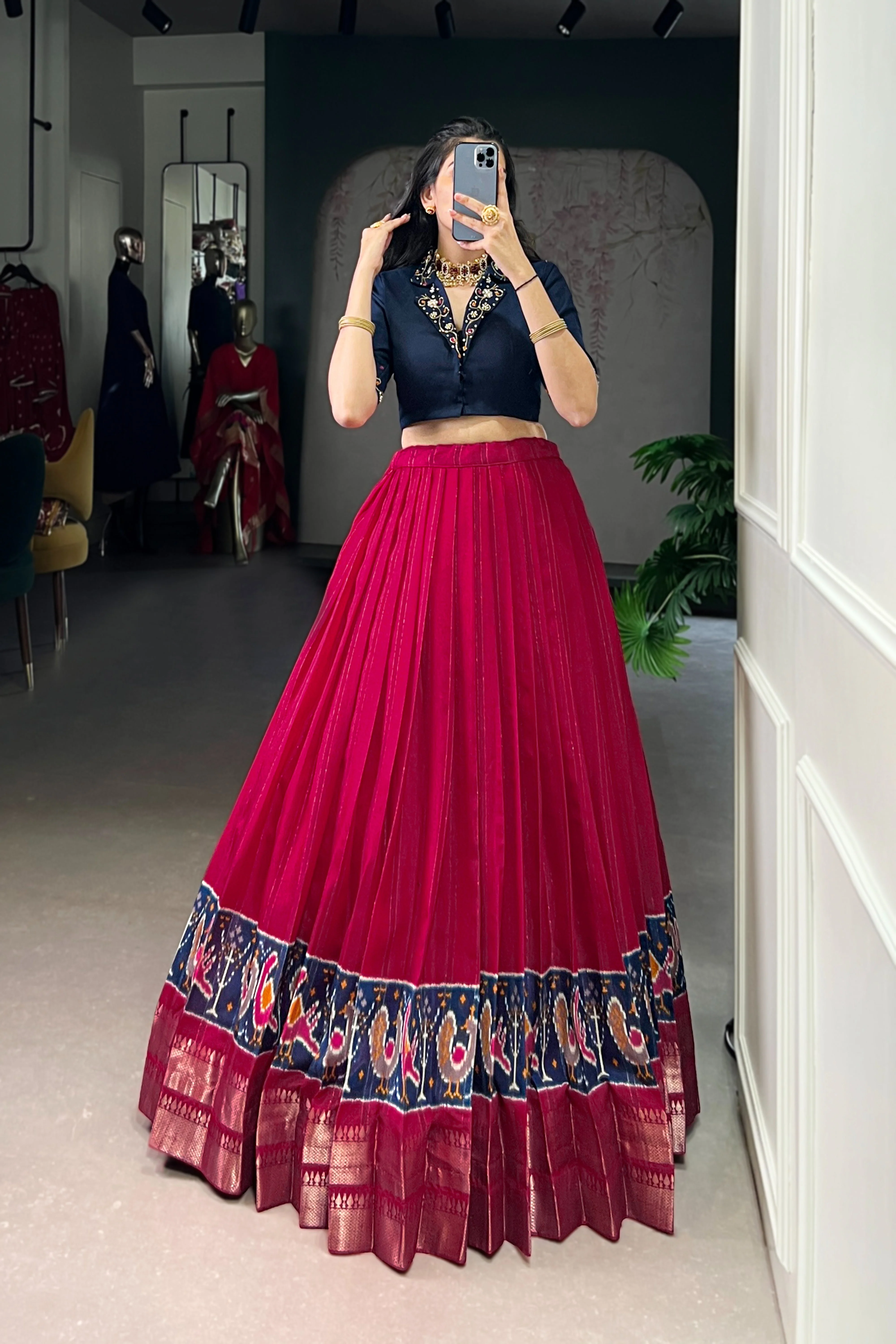Poly Cotton Printed Zari Weaving Lehenga With Pure Cotton Hand Work Blouse