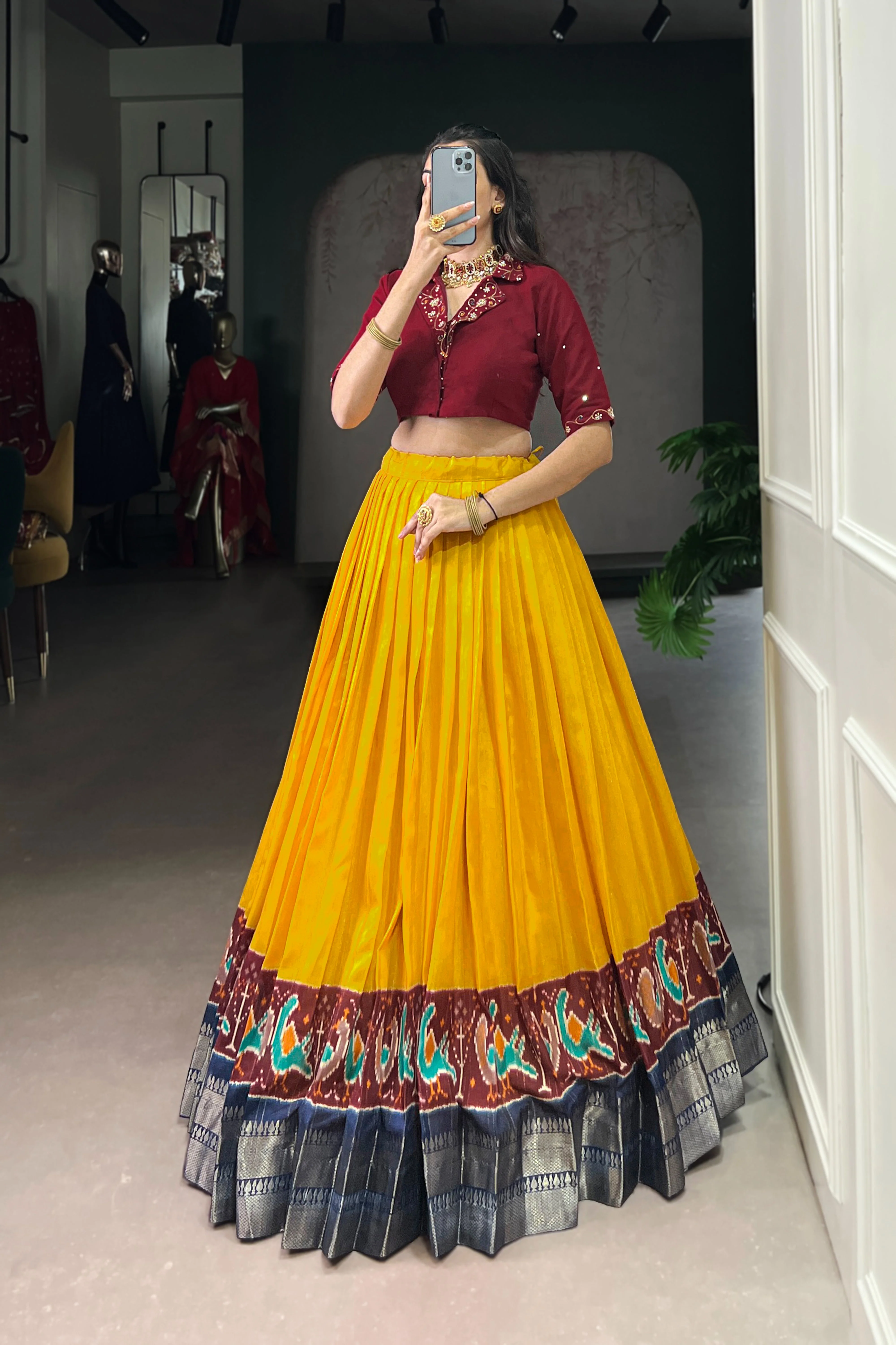 Poly Cotton Printed Zari Weaving Lehenga With Pure Cotton Hand Work Blouse - Image 10