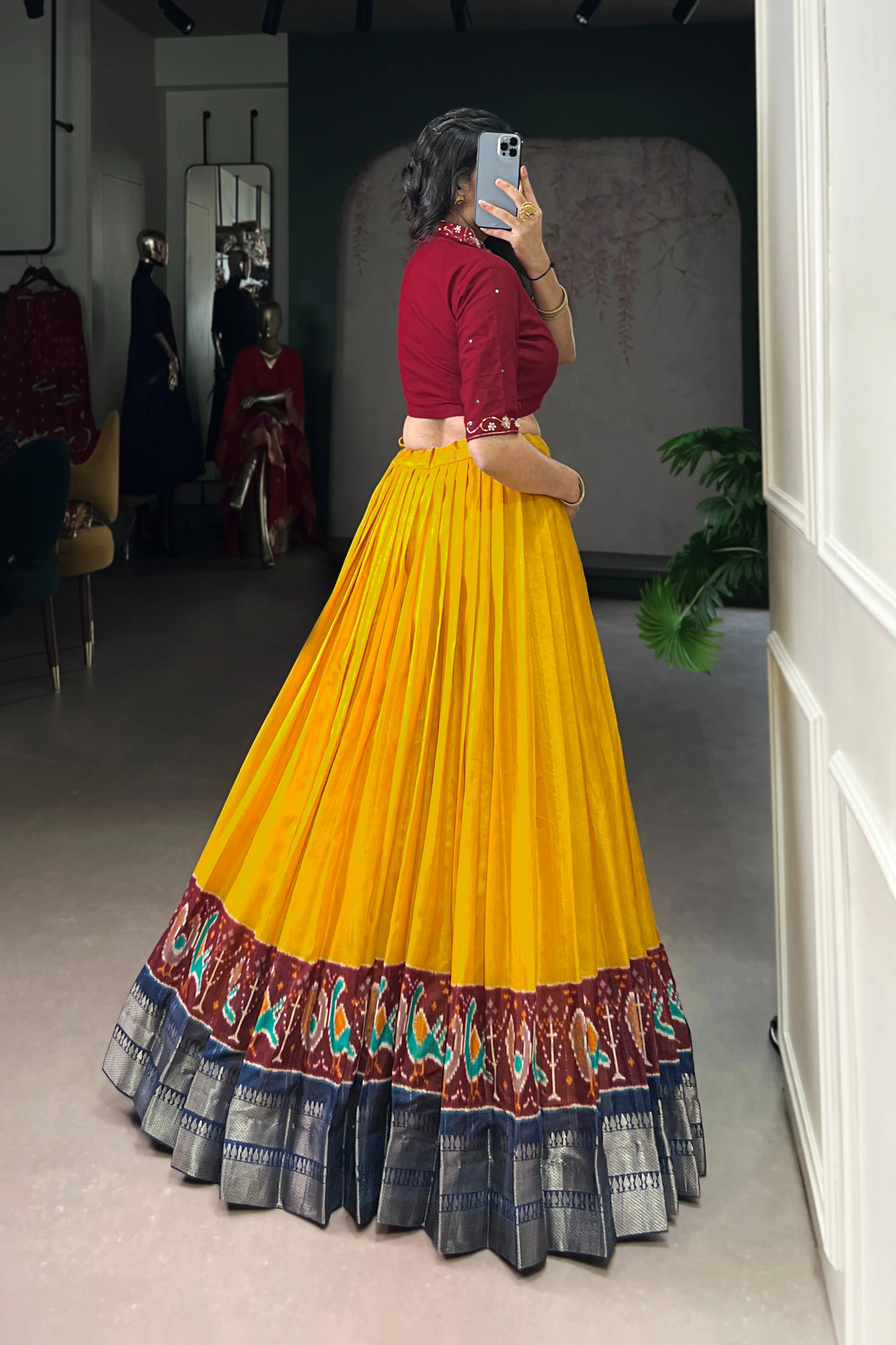 Poly Cotton Printed Zari Weaving Lehenga With Pure Cotton Hand Work Blouse - Image 11
