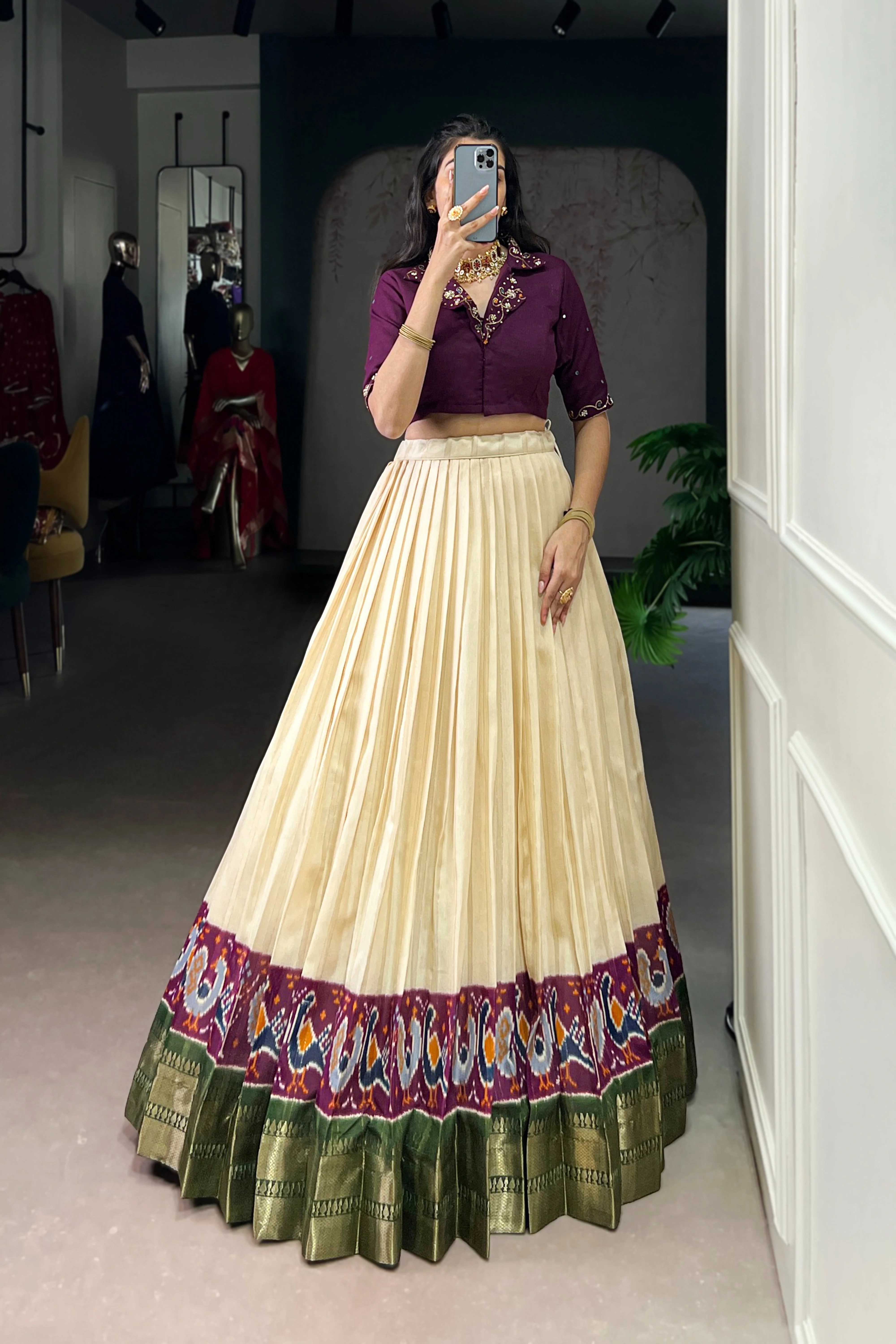 Poly Cotton Printed Zari Weaving Lehenga With Pure Cotton Hand Work Blouse - Image 13