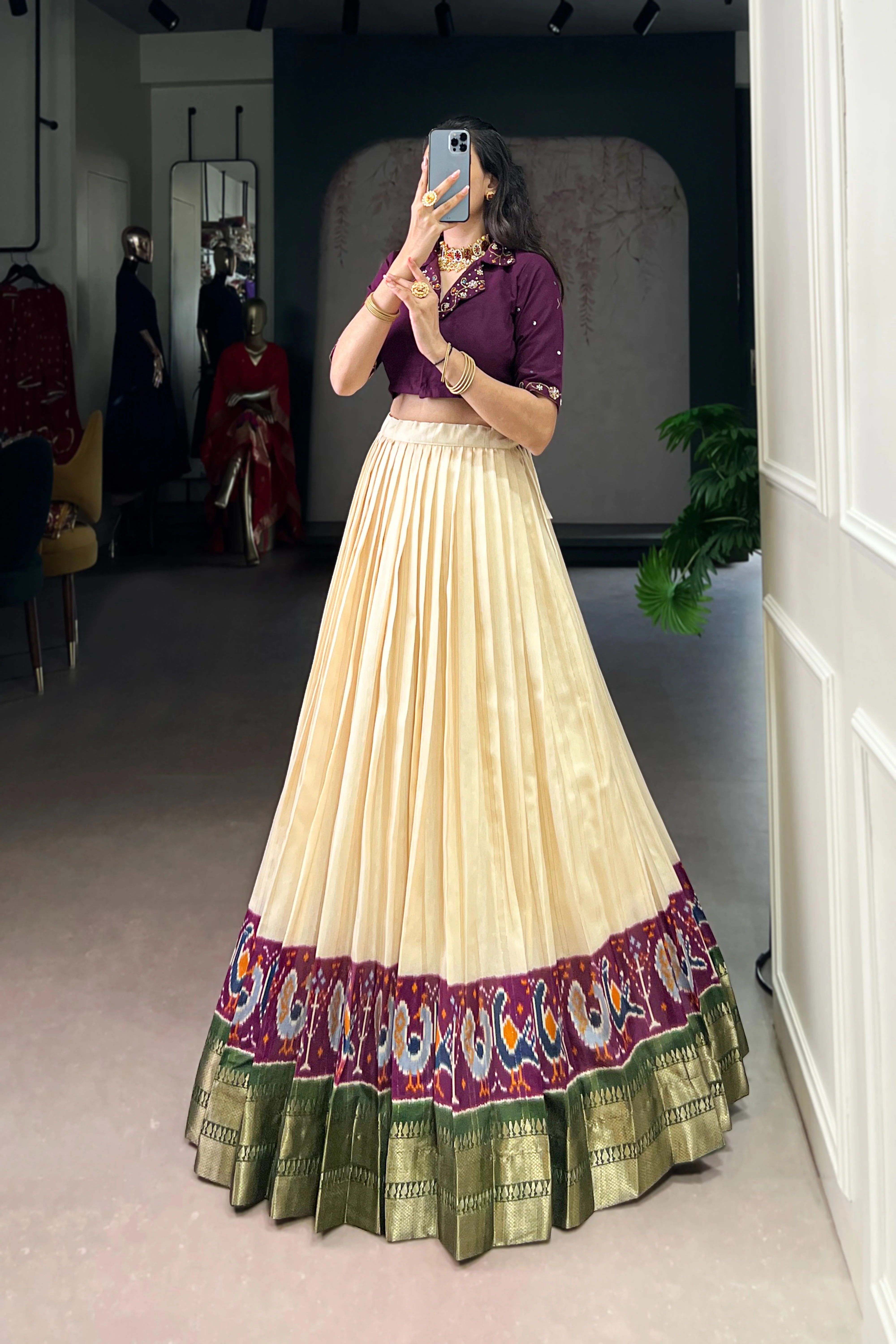 Poly Cotton Printed Zari Weaving Lehenga With Pure Cotton Hand Work Blouse - Image 16