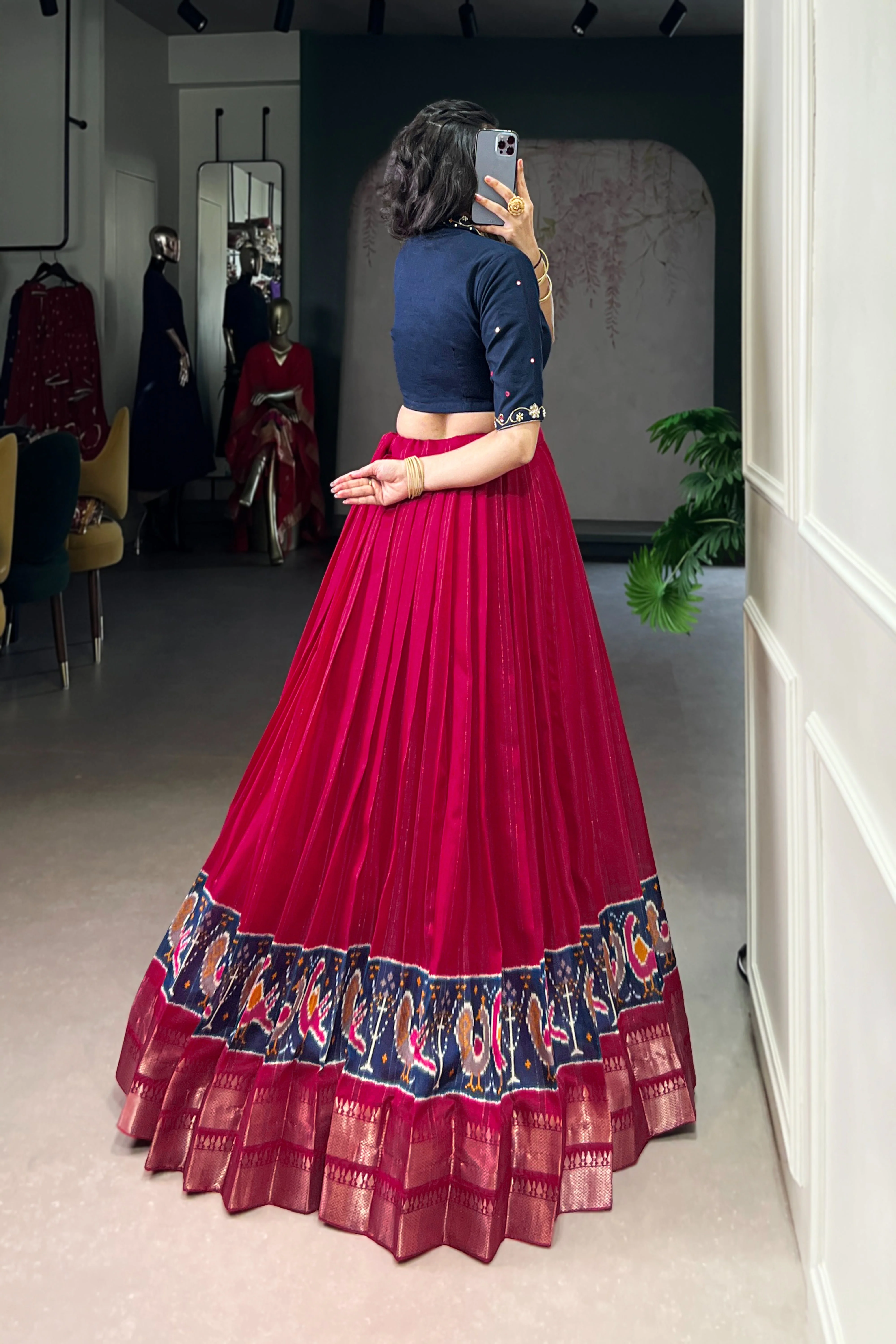 Poly Cotton Printed Zari Weaving Lehenga With Pure Cotton Hand Work Blouse - Image 5