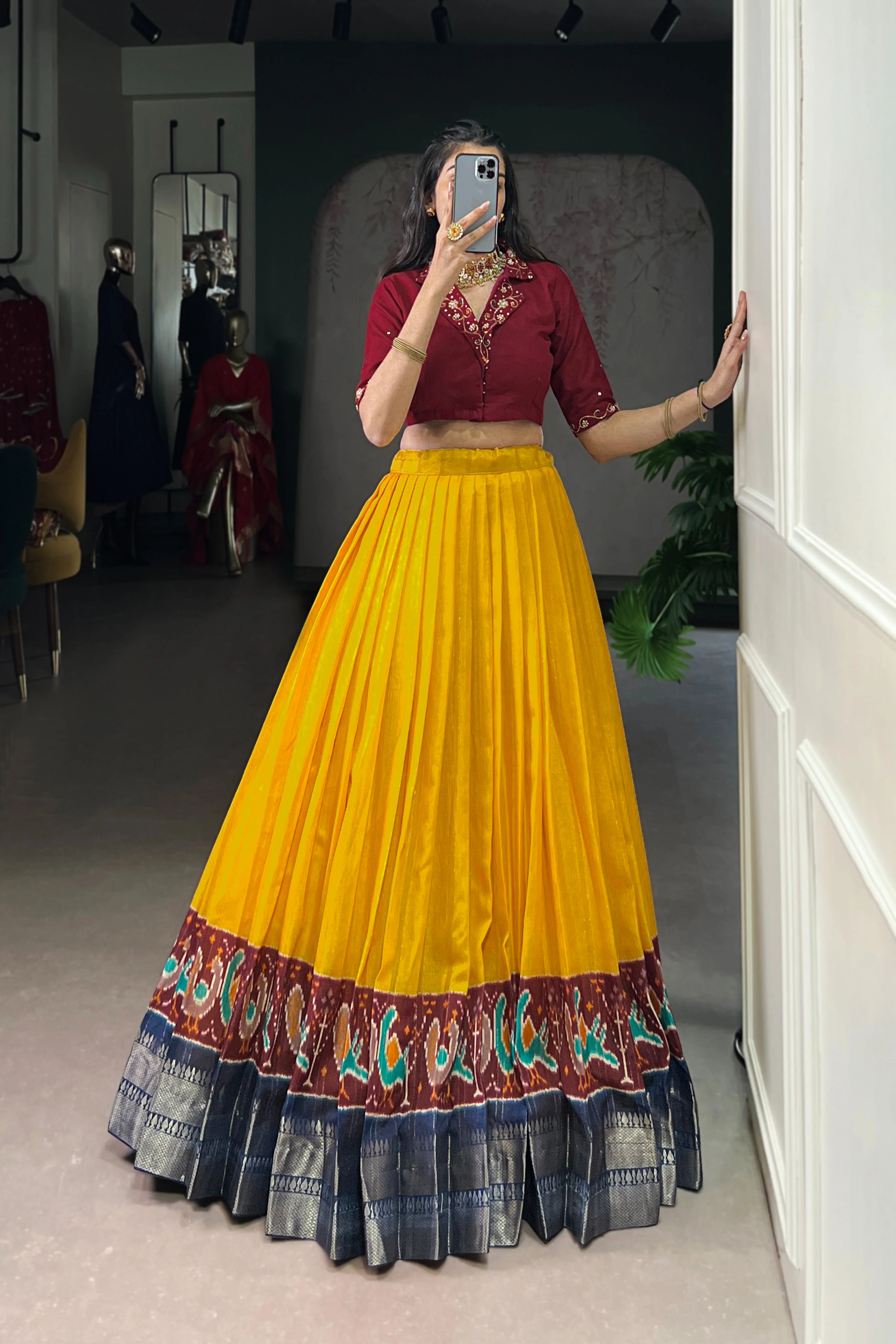 Poly Cotton Printed Zari Weaving Lehenga With Pure Cotton Hand Work Blouse - Image 8