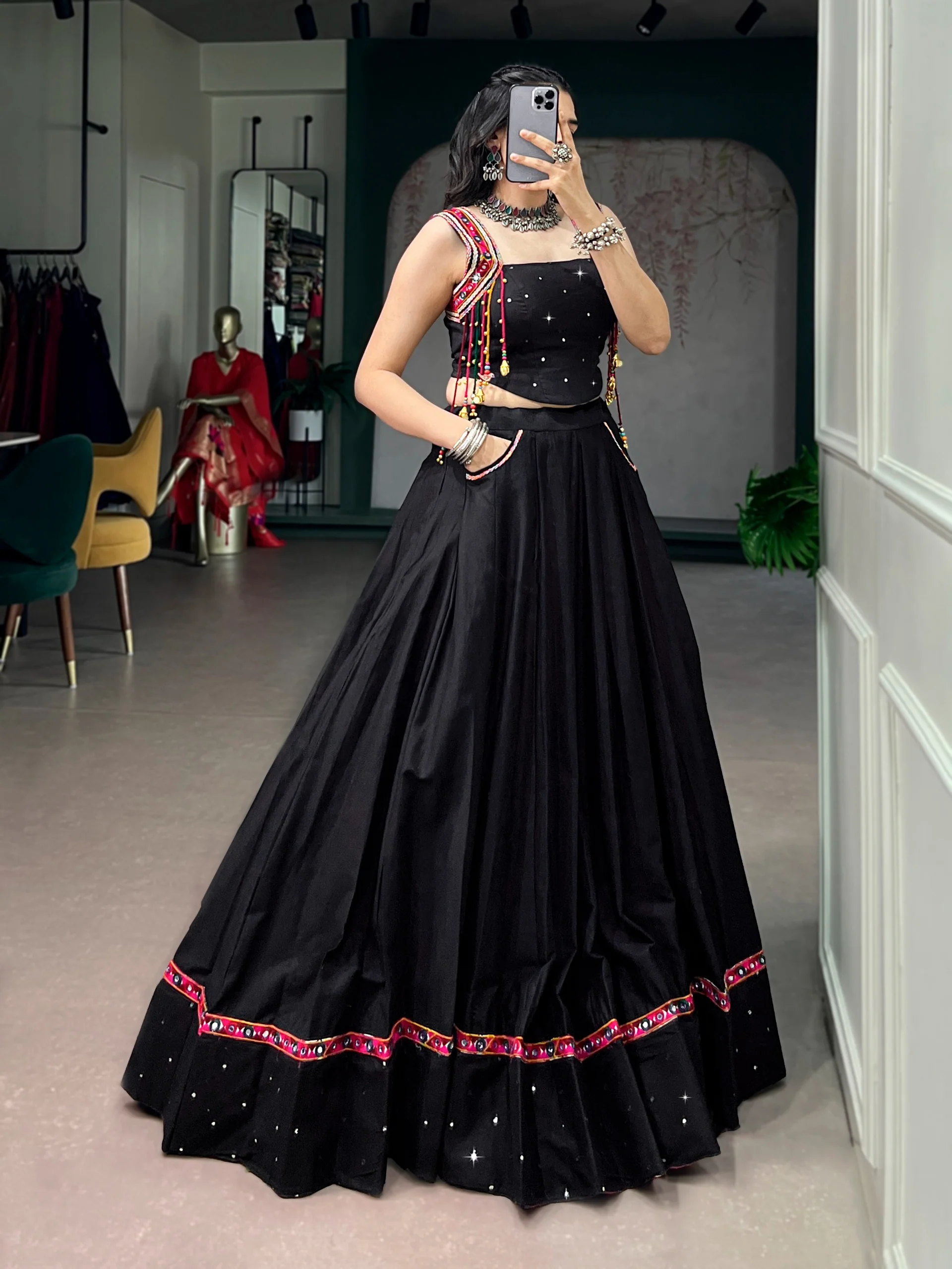 Traditional Black Kutchi Lace & Mirror Work Lehenga Choli for Navratri