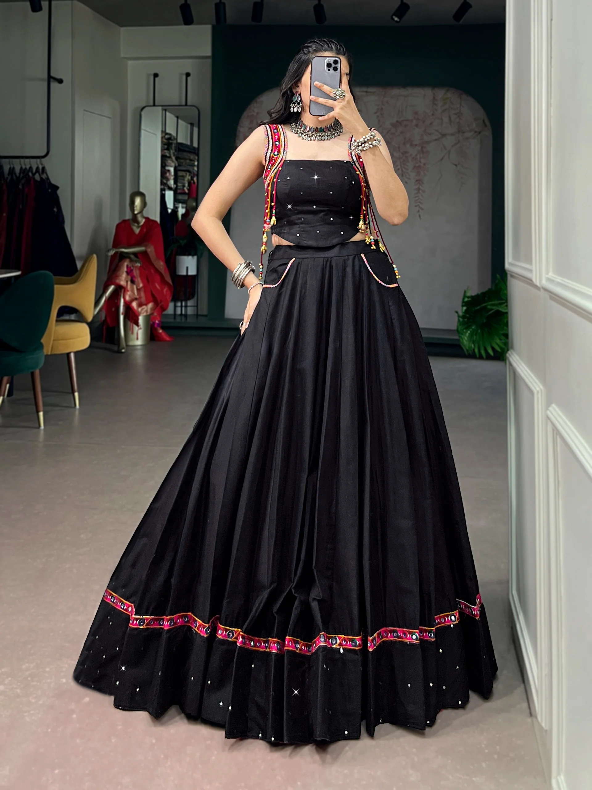 Traditional Black Kutchi Lace & Mirror Work Lehenga Choli for Navratri - Image 5